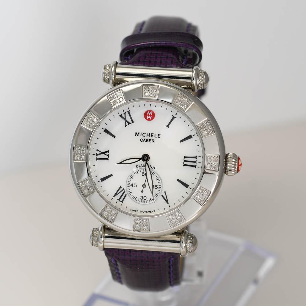 Michele Caber Edelstahluhr mit Perlmutt-Zifferblatt und Diamant-Lünette im Angebot 1