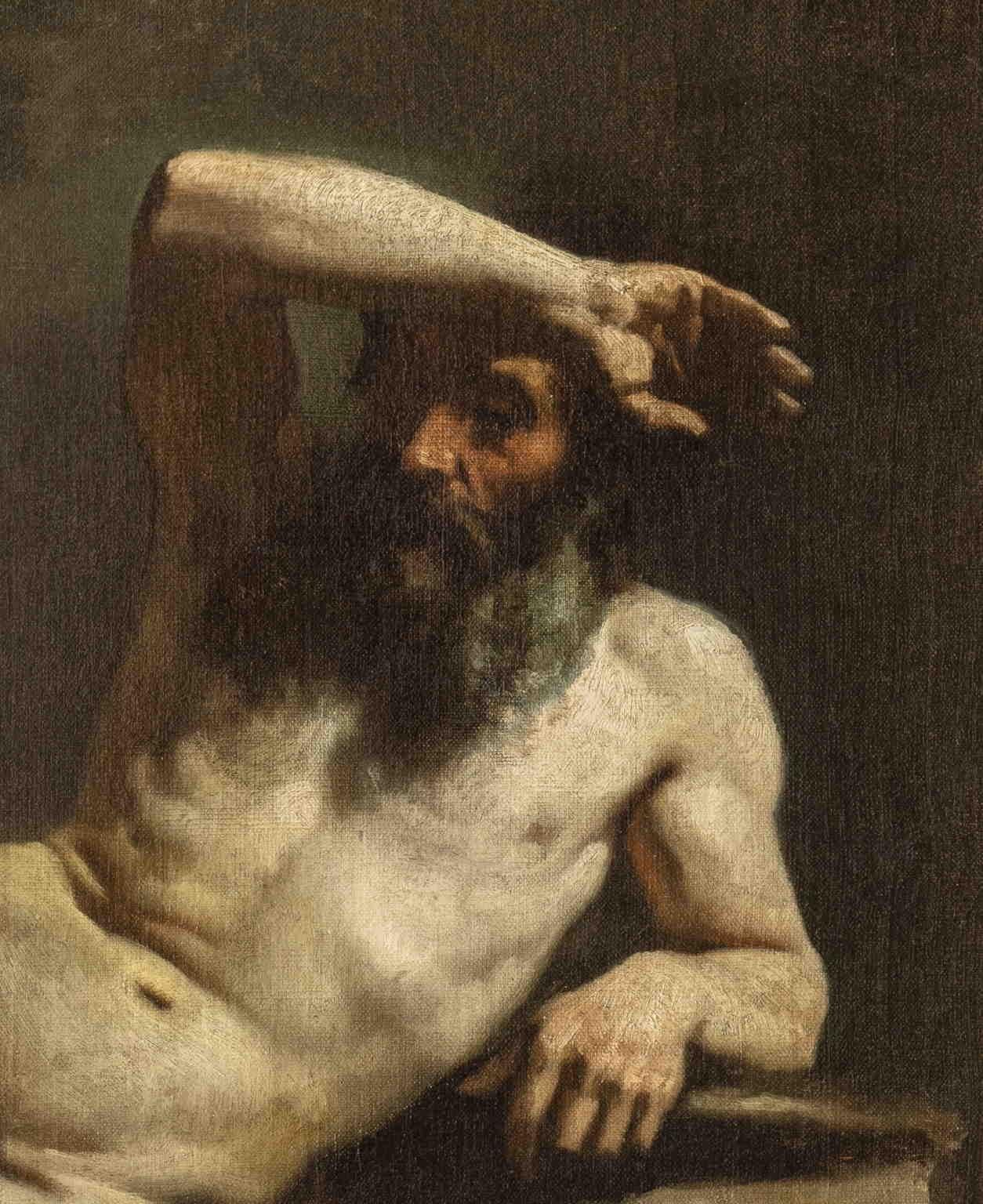 Dipinto figurativo italiano ritratto di nudo maschile del XIX secolo - Brown Portrait Painting by Michele Cammarano