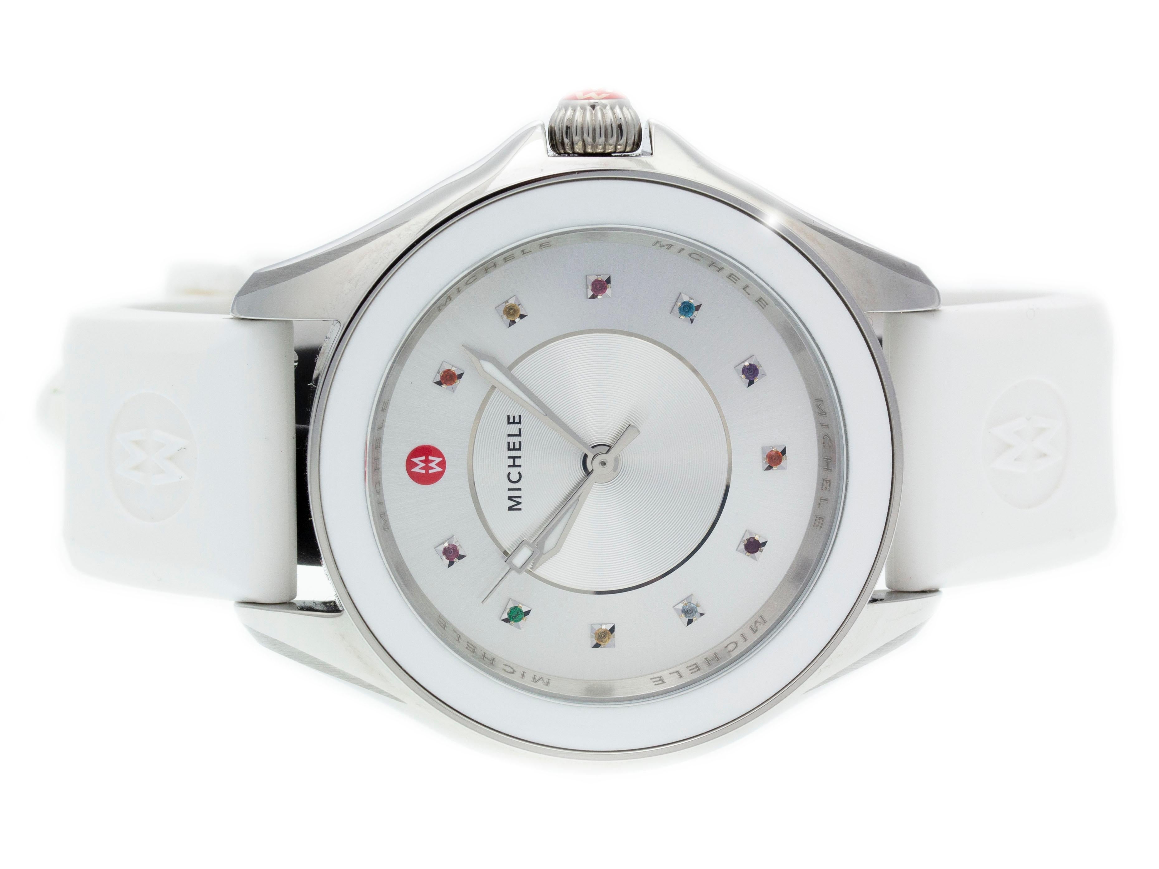 Brand	Michele
Series	Cape
Model	MWW27A000007
Gender	Ladies
Condition	Good Pre-owned, Light Scratches & Tiny Dings on Case & Bezel
Material	Steel
Finish	Polished
Caseback	Stainless Steel
Diameter	40mm
Thickness	11mm
Bezel	Fixed White