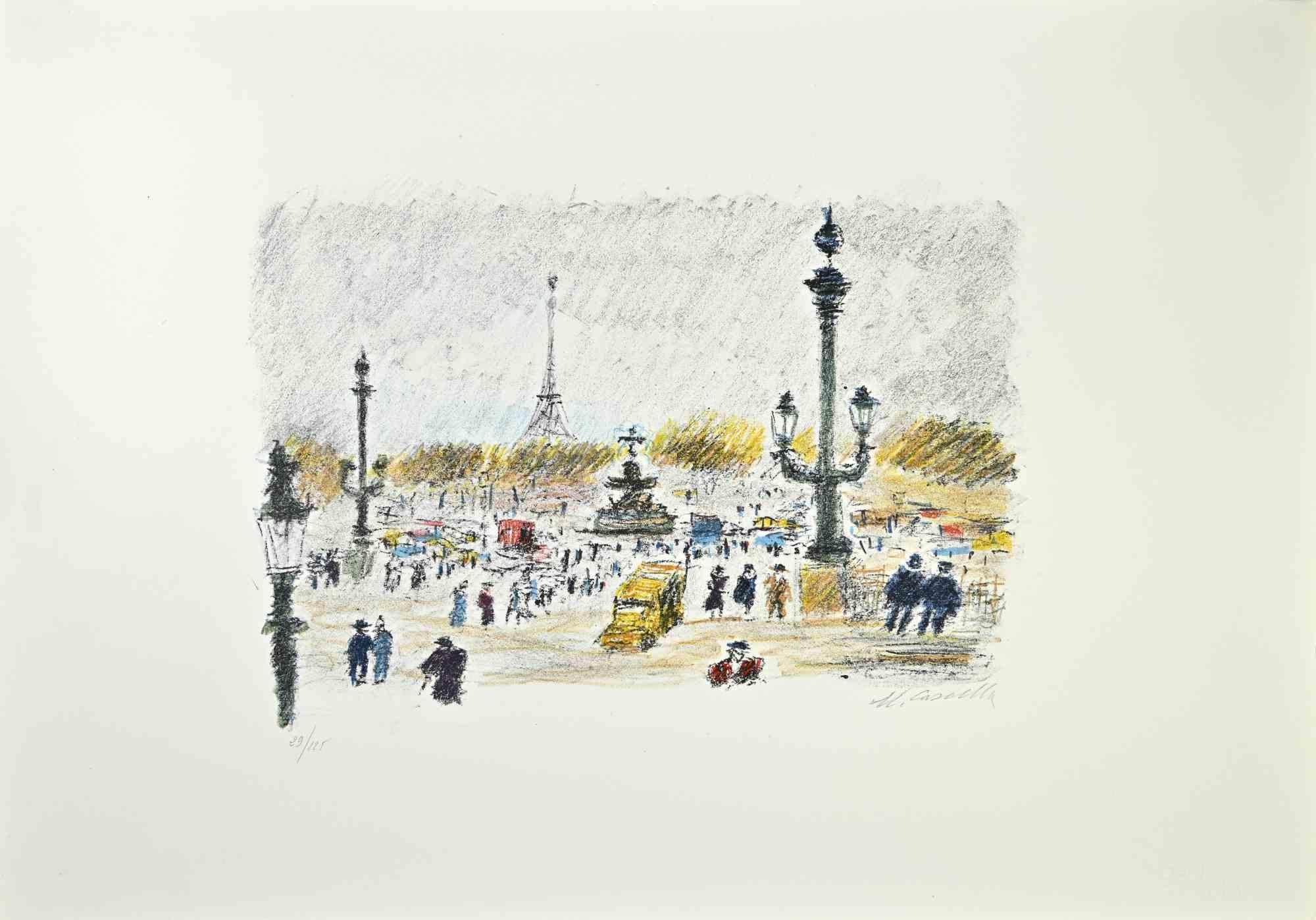  Paris along the River Seine is an artwork realized in 1979, by the Italian Artist Michele Cascella.

Colored lithograph on paper of the Portfolio "Landscape", 1979, with six original lithograph and the poems of Franco Simongini titled "Twenty
