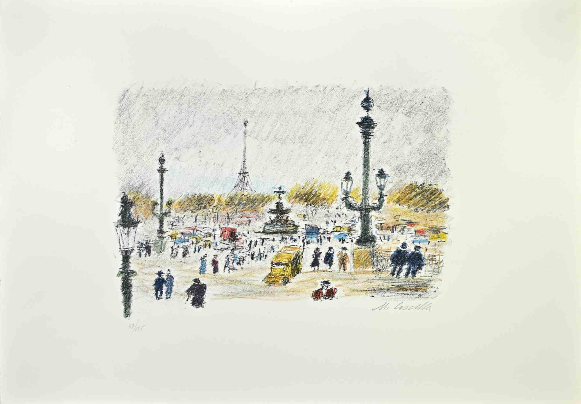 Paris along the River Seine is an artwork realized in 1979, by the Italian Artist Michele Cascella.

Colored lithograph on paper of the Portfolio "Landscape", 1979, with six original lithograph and the poems of Franco Simongini titled "Twenty