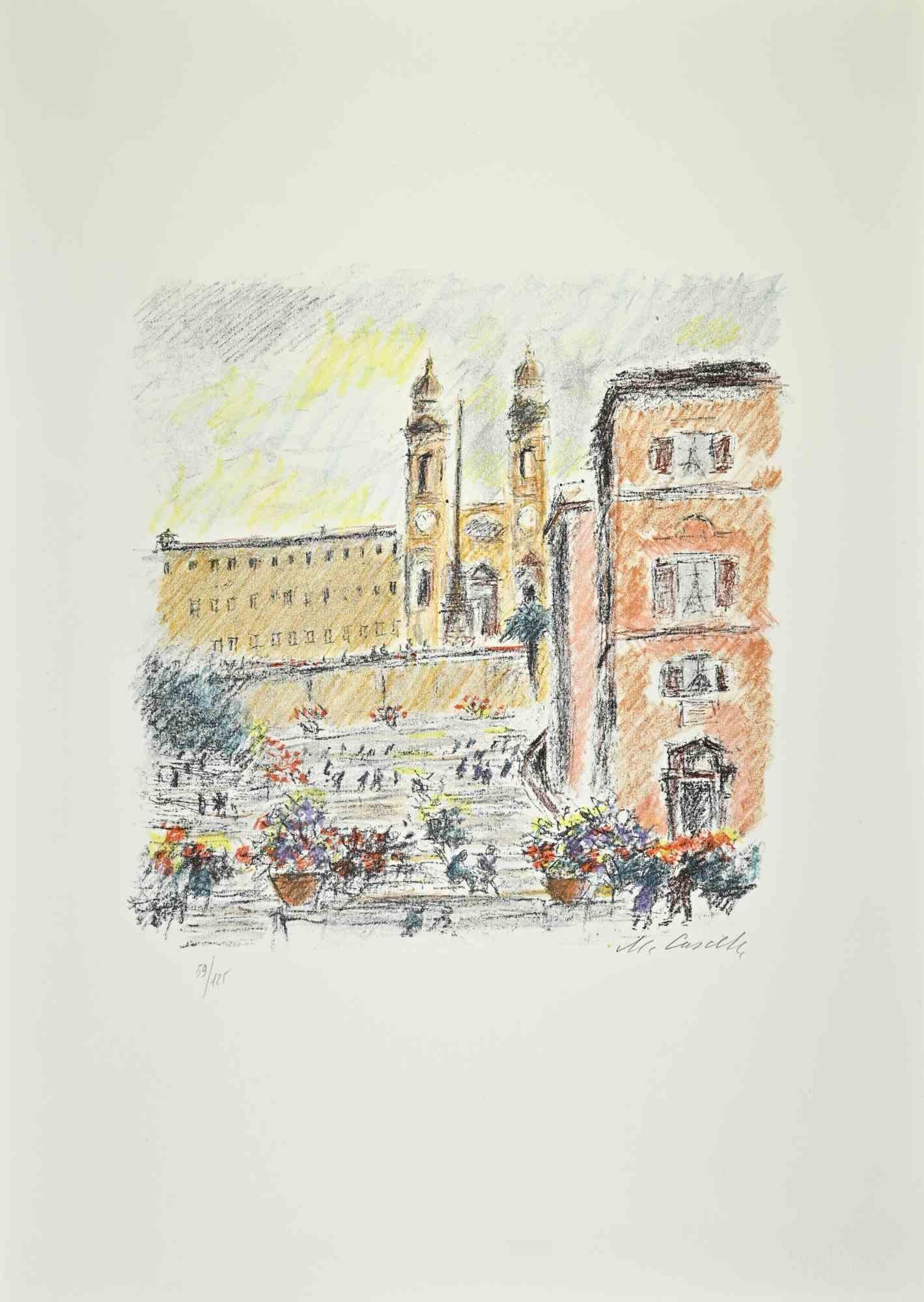 Piazza di Spagna is an artwork realized in 1979, by the Italian Artist Michele Cascella.

Colored lithograph on paper of the Portfolio "Landscape", 1979, with six original lithograph and the poems of Franco Simongini titled "Twenty Landscapes