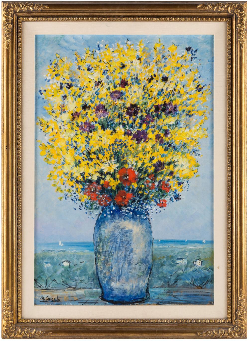Michele Cascella (Italian 1892-1989). 
Bouquet of Field Flowers Before a Landscape, 
Oil on canvas 
Measures: 76.5 x 51 cm (30 1/8 x 20 1/8 in.) .
Signed lower left.

Provenance:
Sotheby's, New York, October 7, 2008, lot 190, Sold for