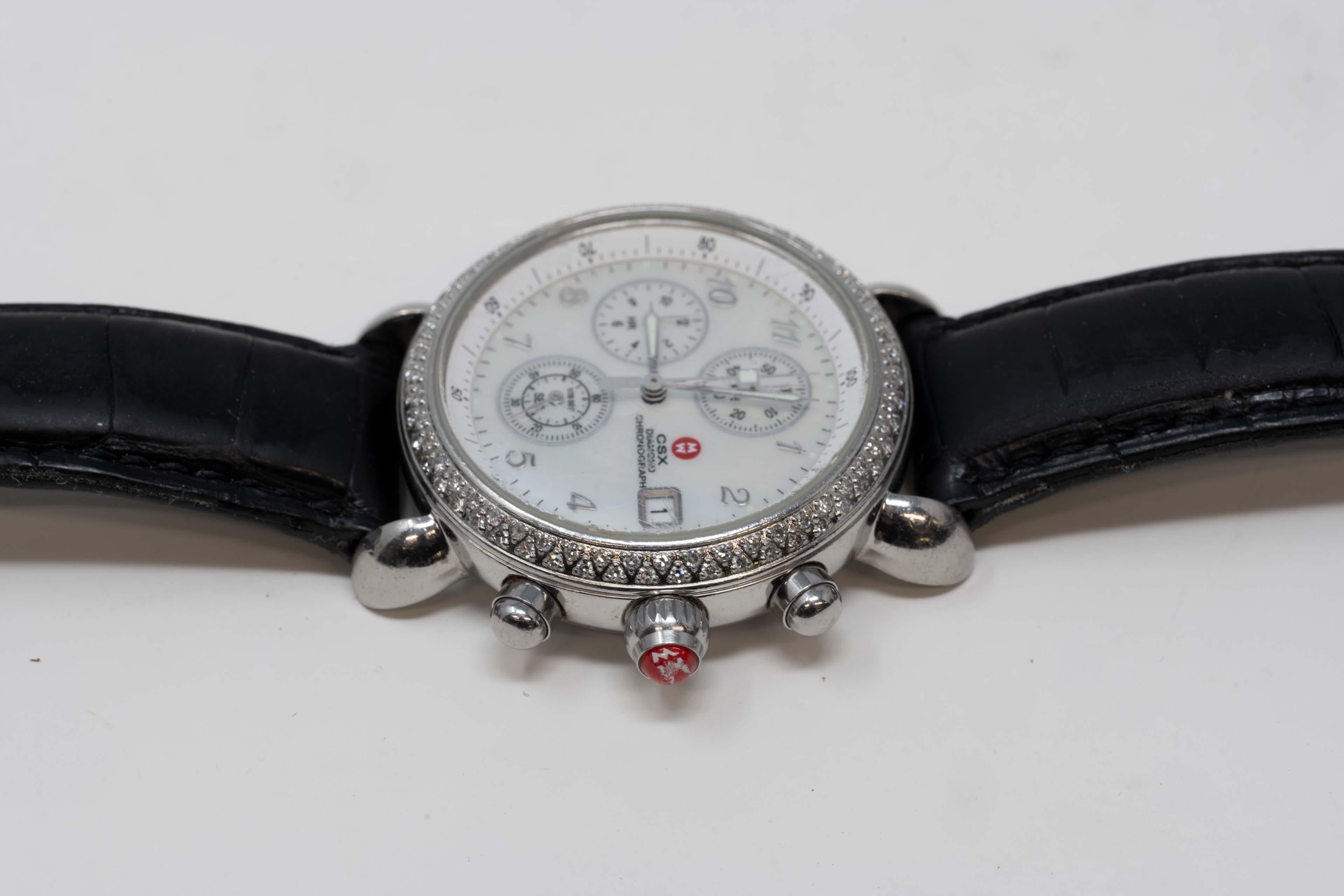 Non taillé Michele CSX Bracelet chronographe en cuir et quartz avec diamants en vente