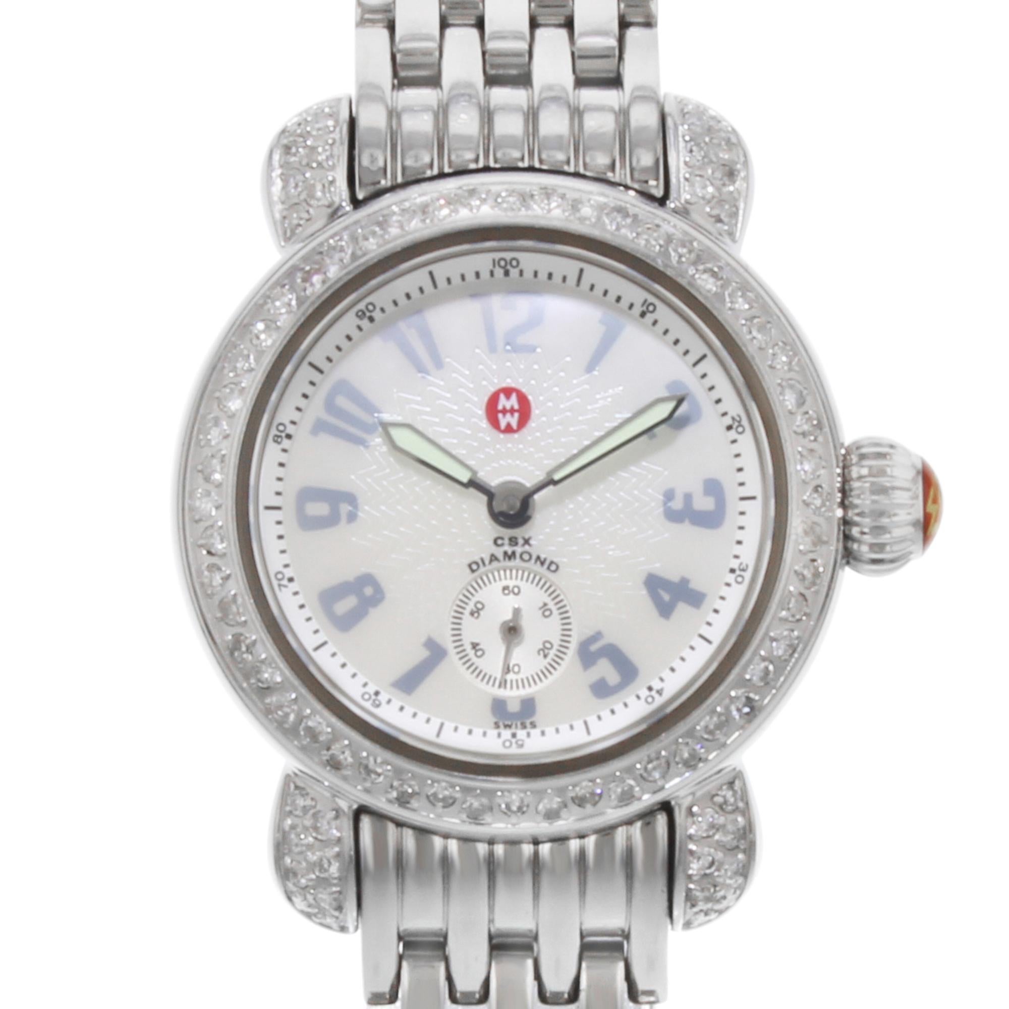 This pre-owned Michele CSX MW03A01 is a beautiful Ladies timepiece that is powered by a quartz movement which is cased in a stainless steel case. It has a round shape face, small seconds subdial dial and has hand arabic numerals style markers. It is
