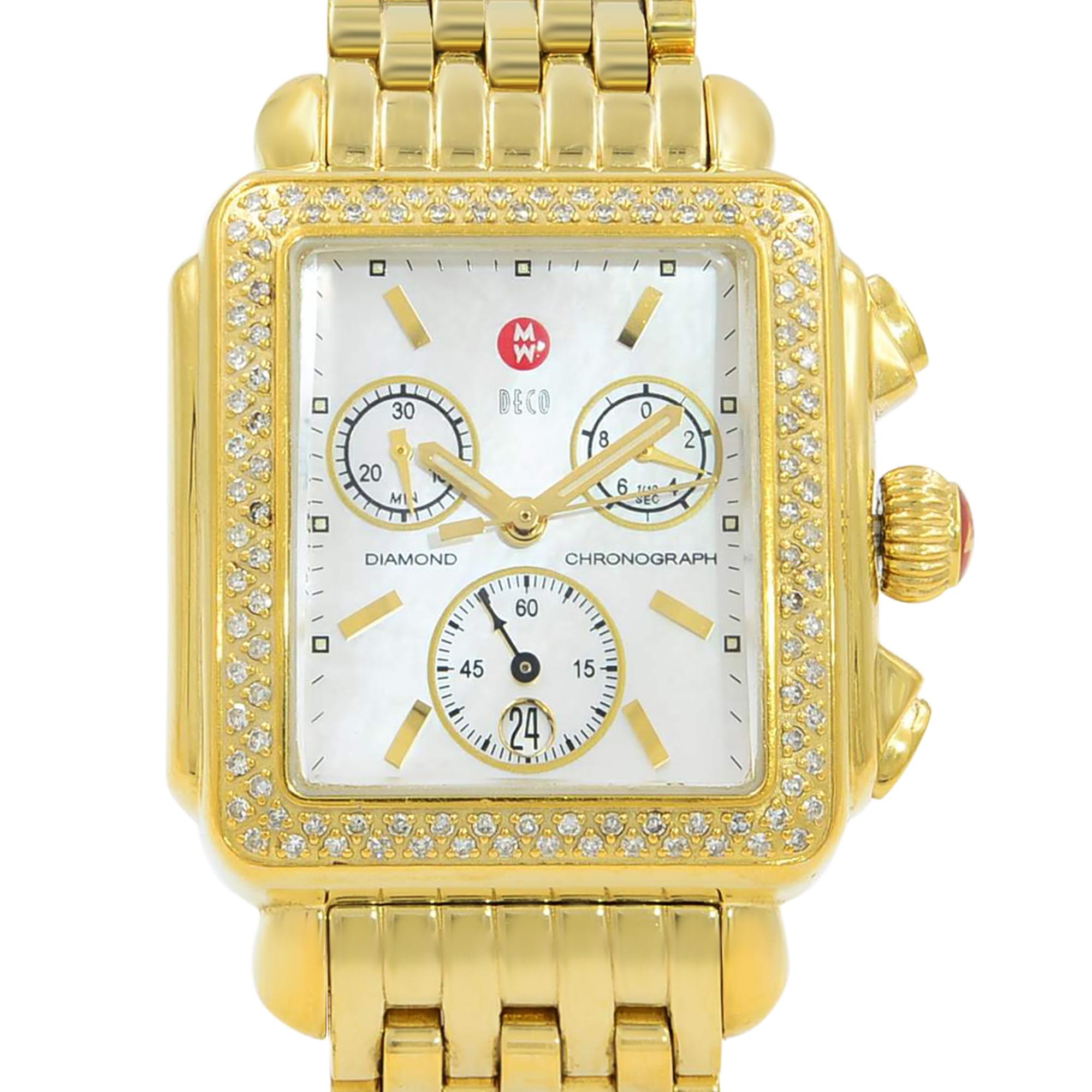 This pre-owned Michele Deco MW06A01B0025 is a beautiful Ladies timepiece that is powered by a quartz movement which is cased in a stainless steel case. It has a rectangle shape face, chronograph, date, diamonds, small seconds subdial dial and has