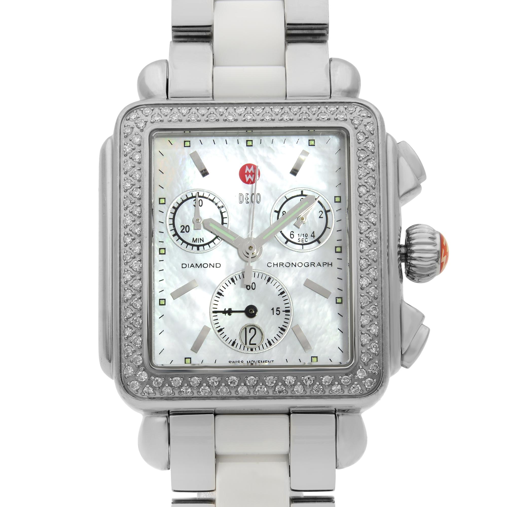 This pre-owned Michele Deco MWW06A000716 is a beautiful Ladie's timepiece that is powered by quartz (battery) movement which is cased in a stainless steel case. It has a  rectangle shape face, chronograph, date indicator, small seconds subdial dial