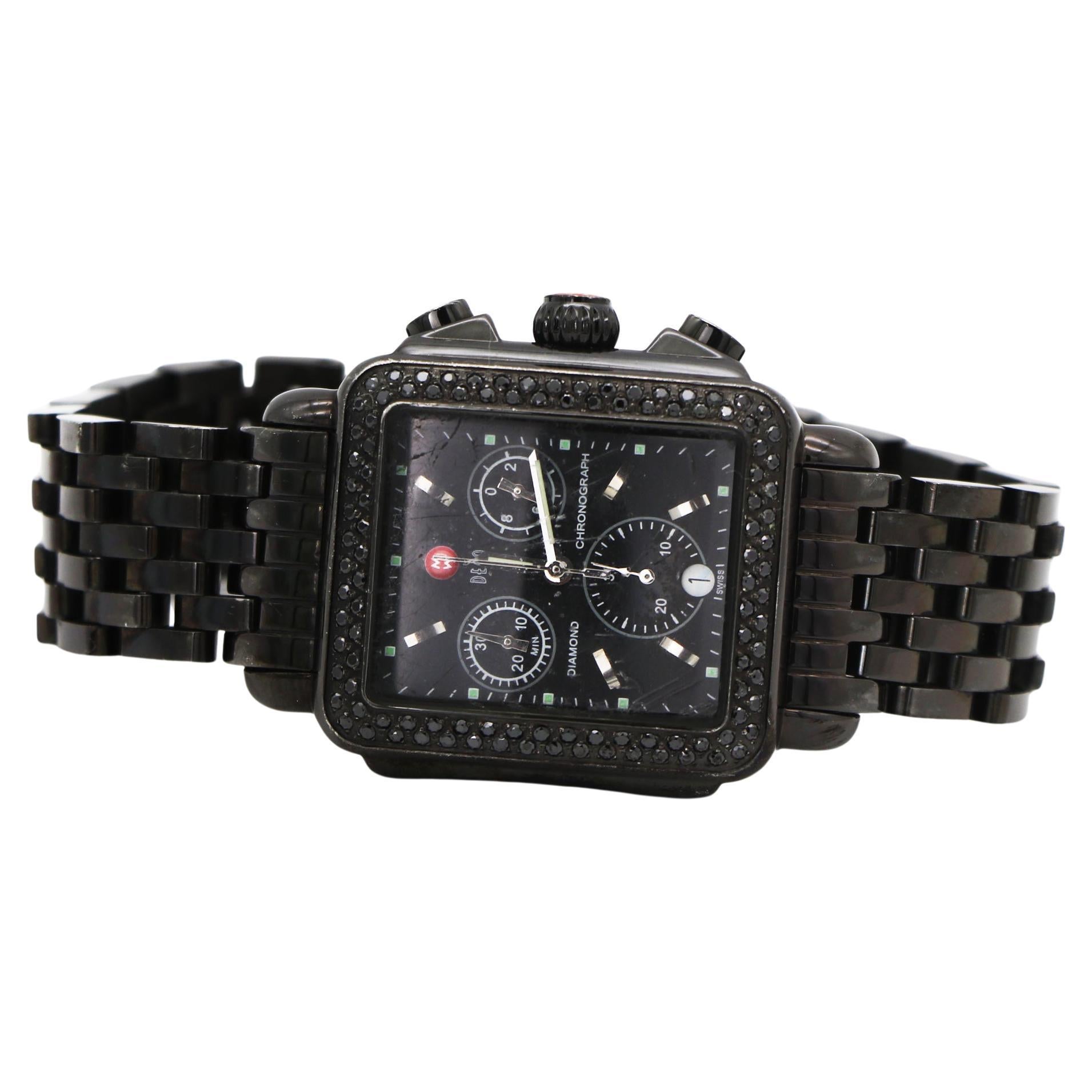 Michele Deco Diamond Chronograph Noir Diamond Black Steel Watch en venta