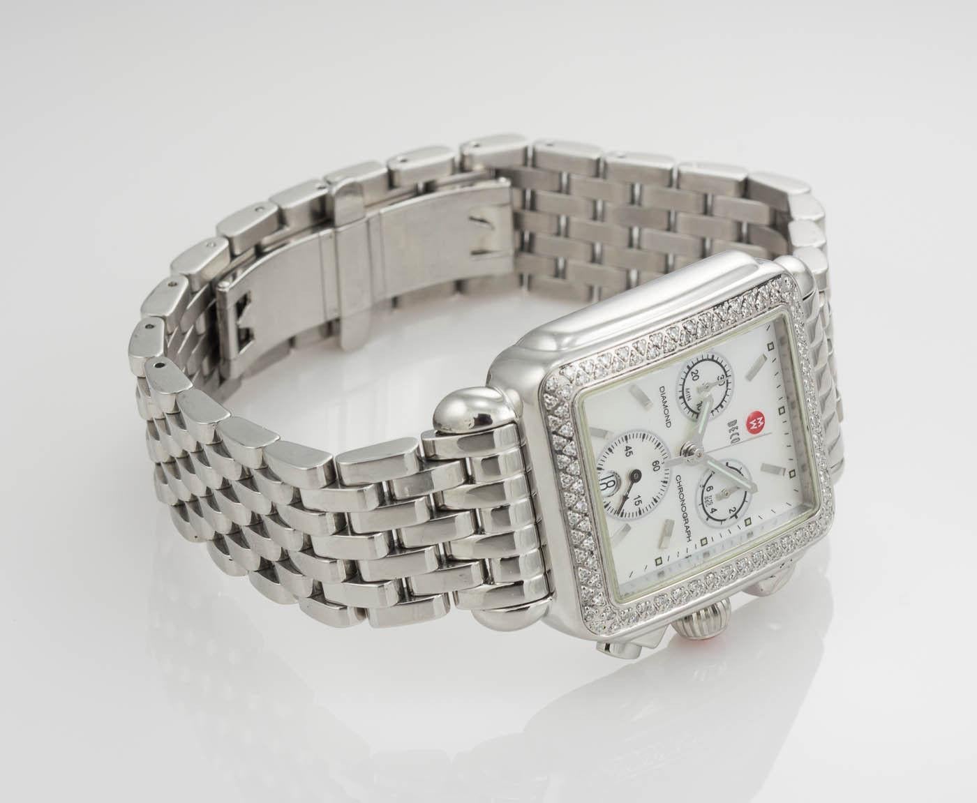 Michele Deco-Edelstahl-Chronograph mit Diamant-Lünette (Rundschliff) im Angebot