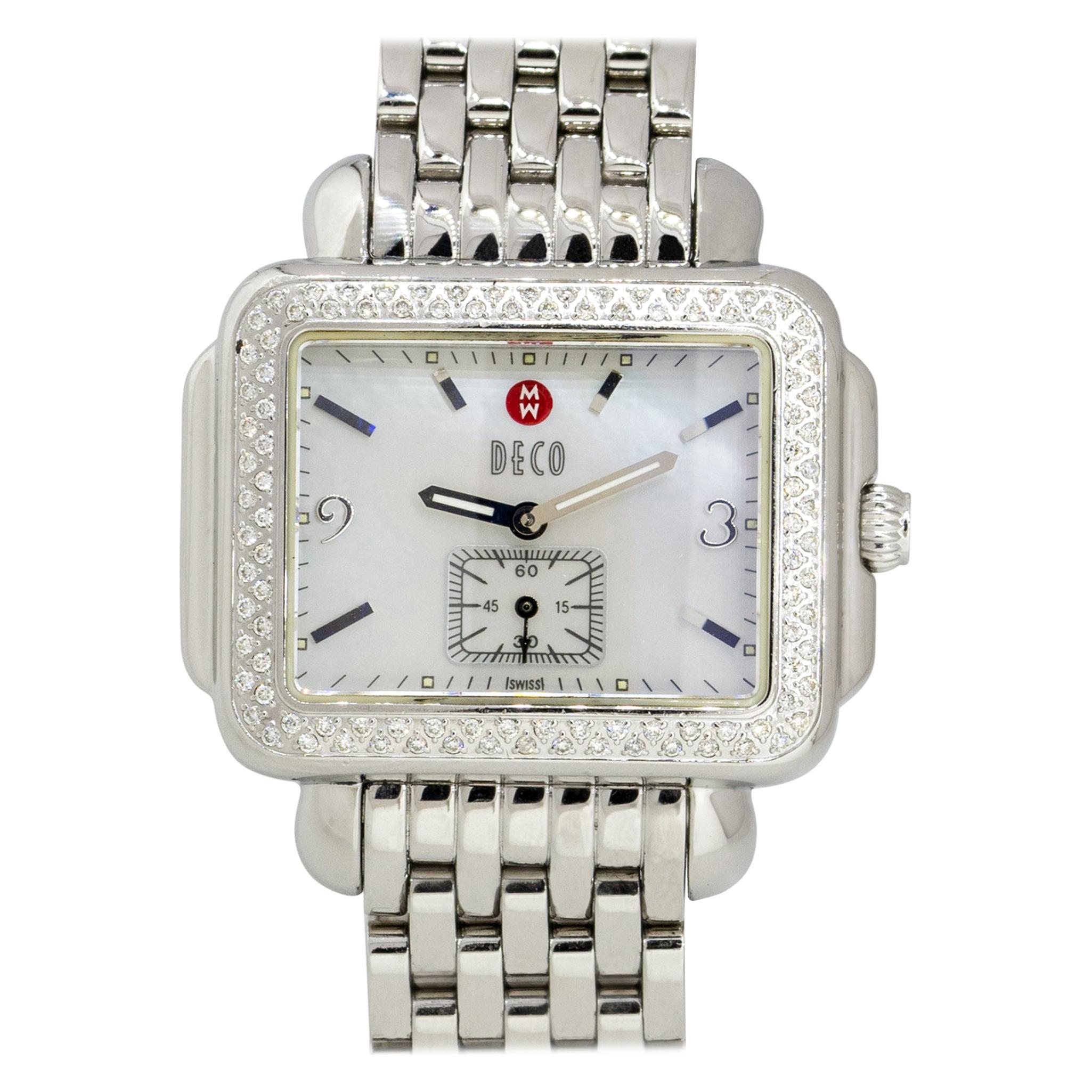 Michele Deco Stainless Steel Mother of Pearl Dial Diamond Watch