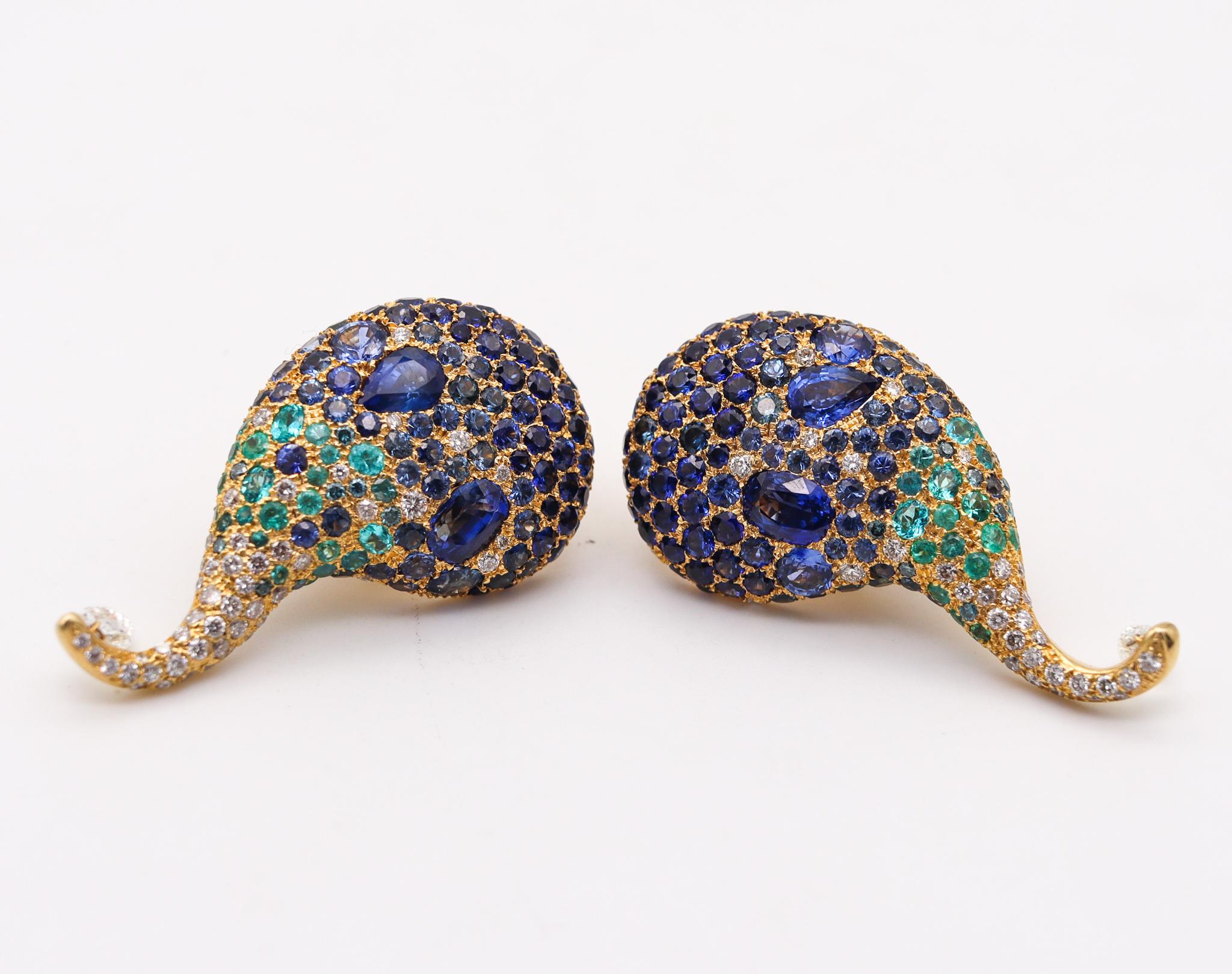 Briolette Cut Michele Della Valle Clips Earrings 18kt with 26.24 Ctw Paraiba Tourm & Sapphires For Sale