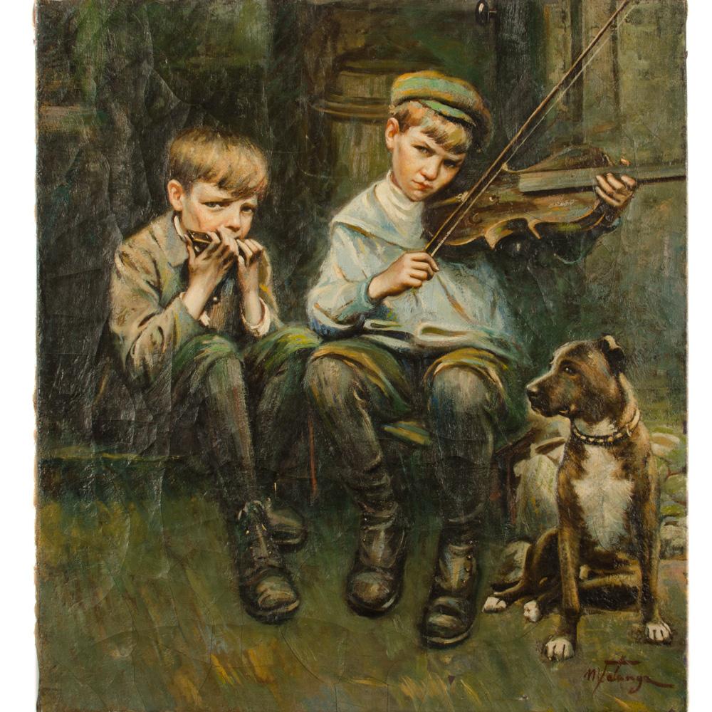 Michele Falanga (Italian , 1870-1942) Two Boys and a Dog - Oil on Canvas , signed lower right - Two boys playing Violin and Harmonica on the street sitting with dog.