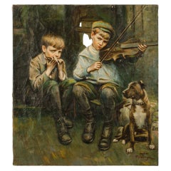 Antique Michele Falanga, " Two Boys and a Dog" Painting