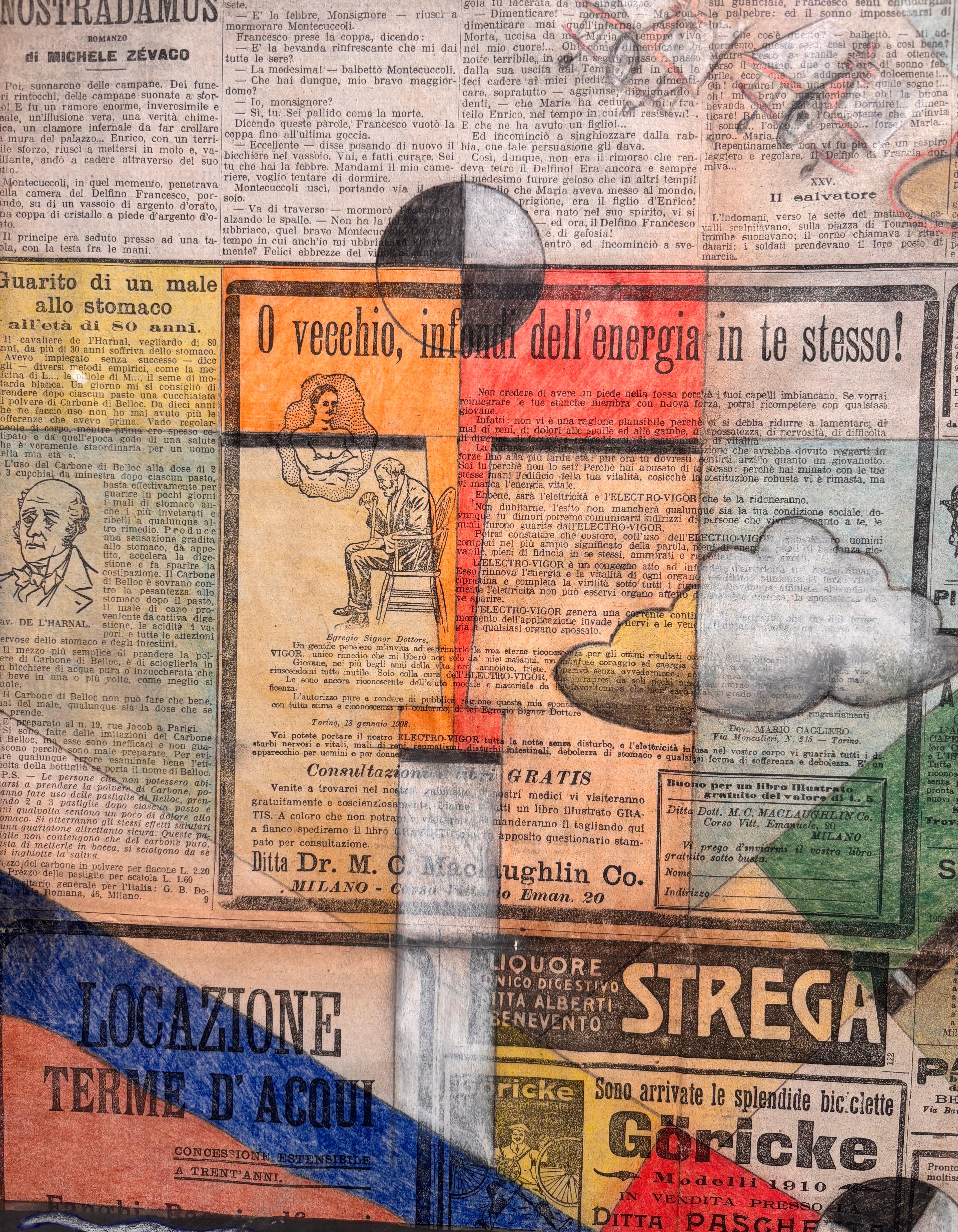 Aerei ,rosso ,blu,carta di giornale -La Stampa -
Siglato in basso a destra M.
L'opera viene venduta con certificato di autenticità dell'archivio Michele Falanga - Messina - Italia 
Michele Falanga (1865-1937)
Falanga ha saputo unire la potenza della