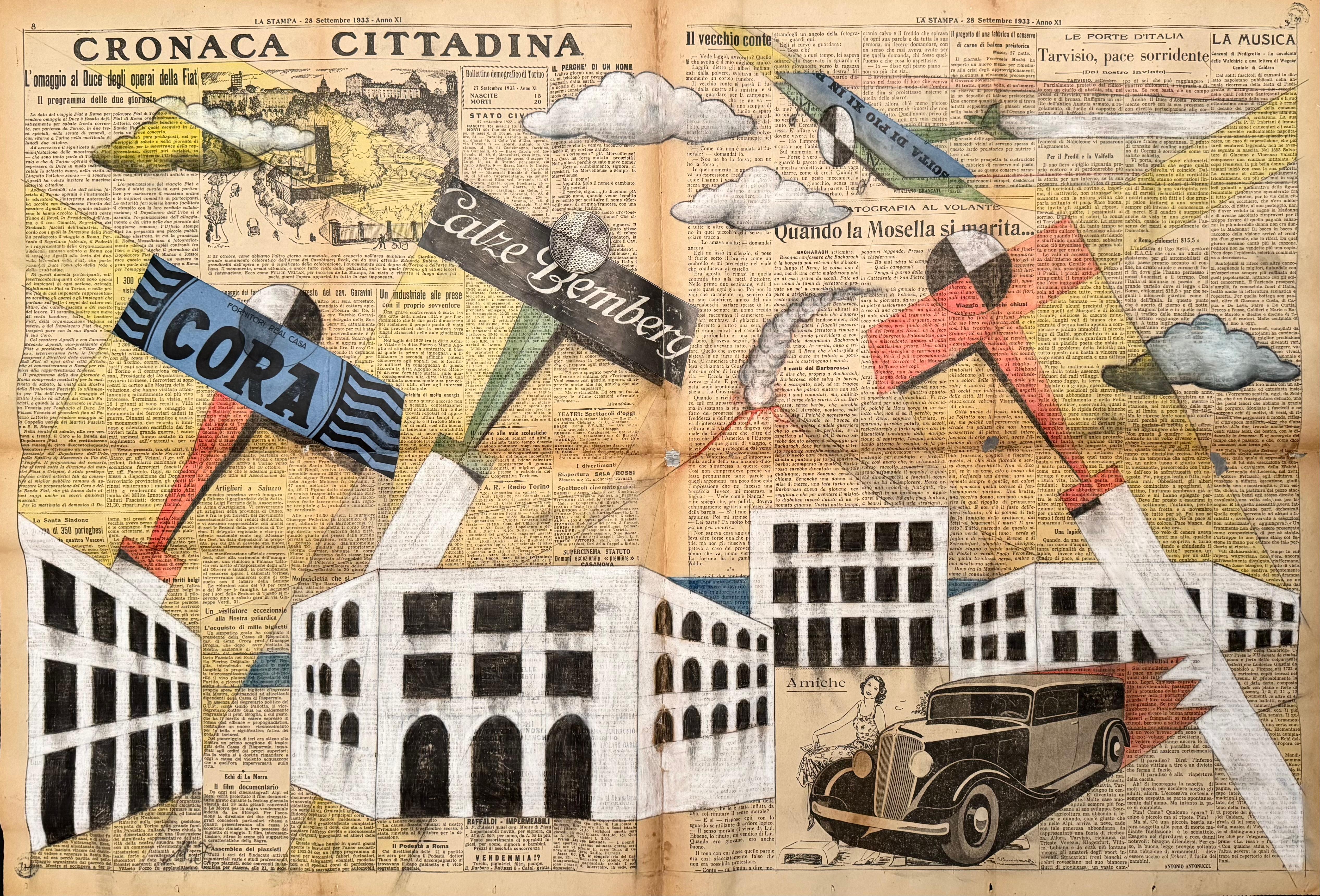 „Aeropittura“ Tecnica mista su foglio di giornale -La Stampa - cm. 86 x 59 – Painting von Michele Falanga