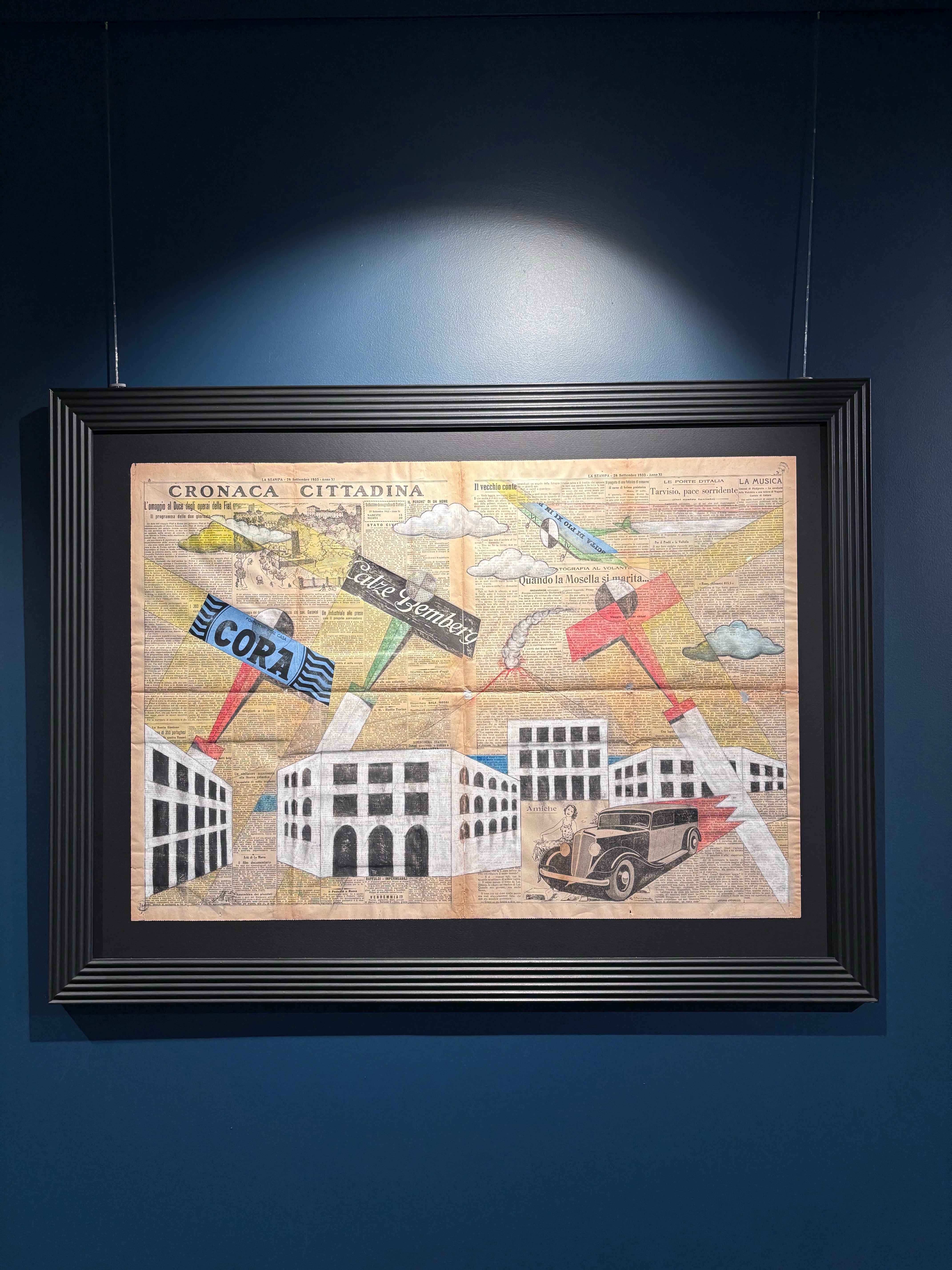 „Aeropittura“ Tecnica mista su foglio di giornale -La Stampa - cm. 86 x 59 (Futuristisch), Painting, von Michele Falanga