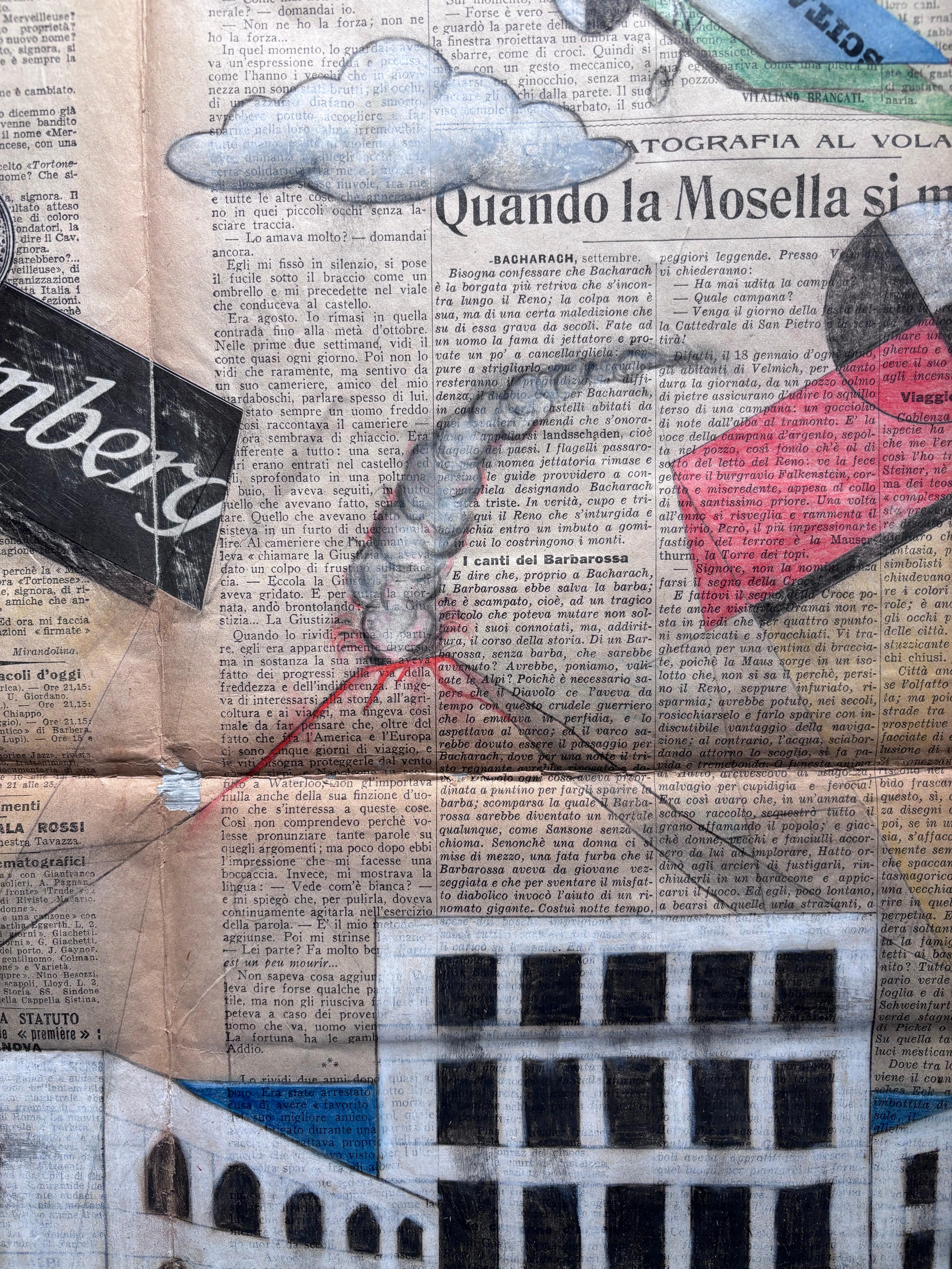„Aeropittura“ Tecnica mista su foglio di giornale -La Stampa - cm. 86 x 59 (Beige), Figurative Painting, von Michele Falanga