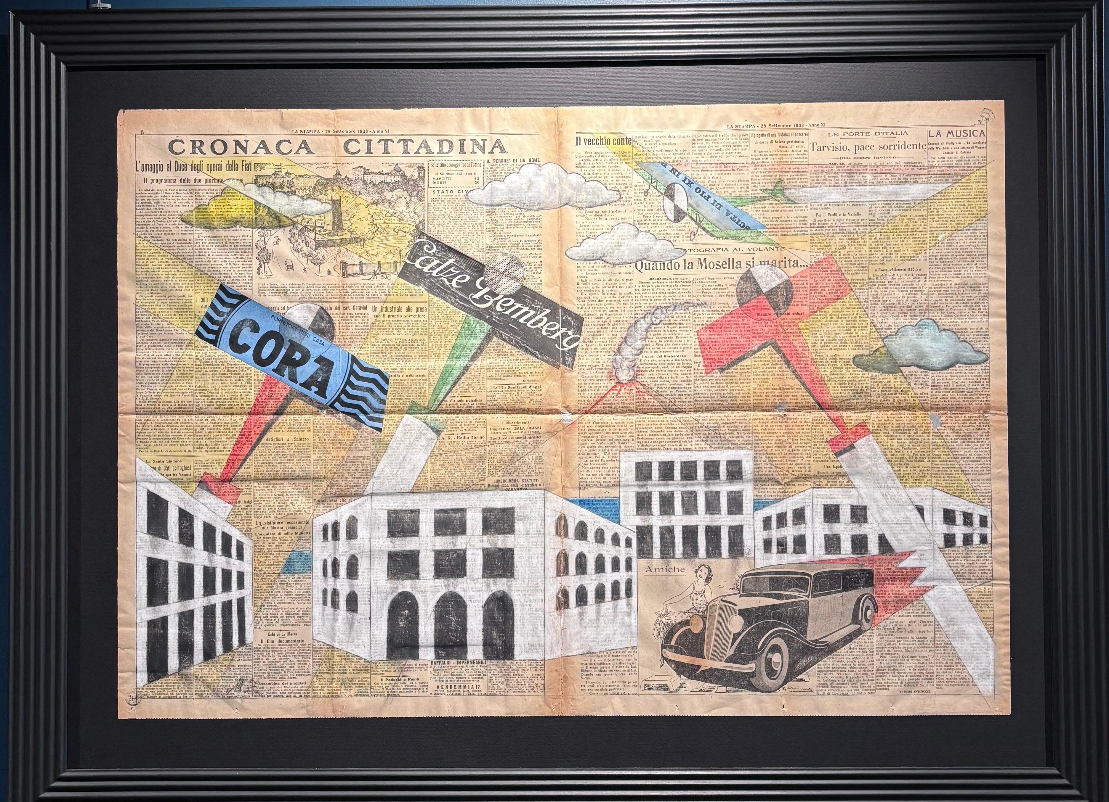 "Aeropittura " Tecnica mista su foglio di giornale -La Stampa - cm. 86 x 59