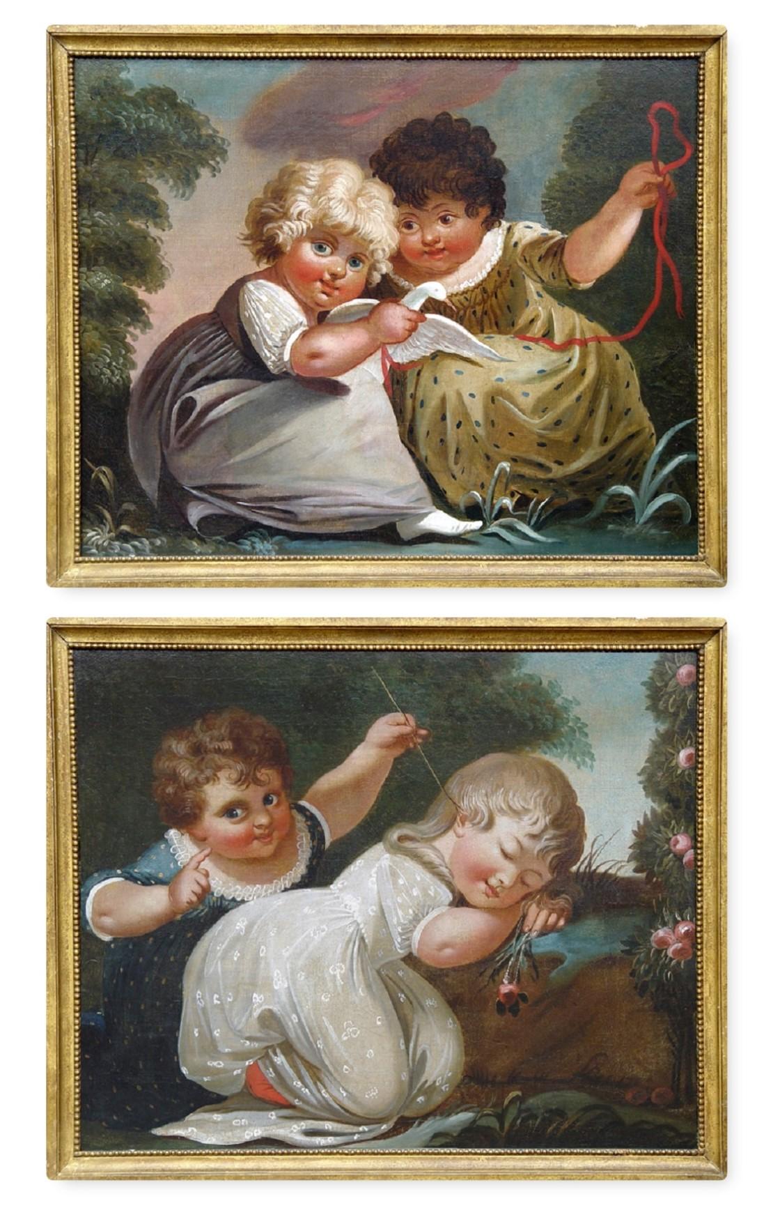Coppia di dipinti - Due bambini che giocano - Painting Romantico di Michele Felice Corne