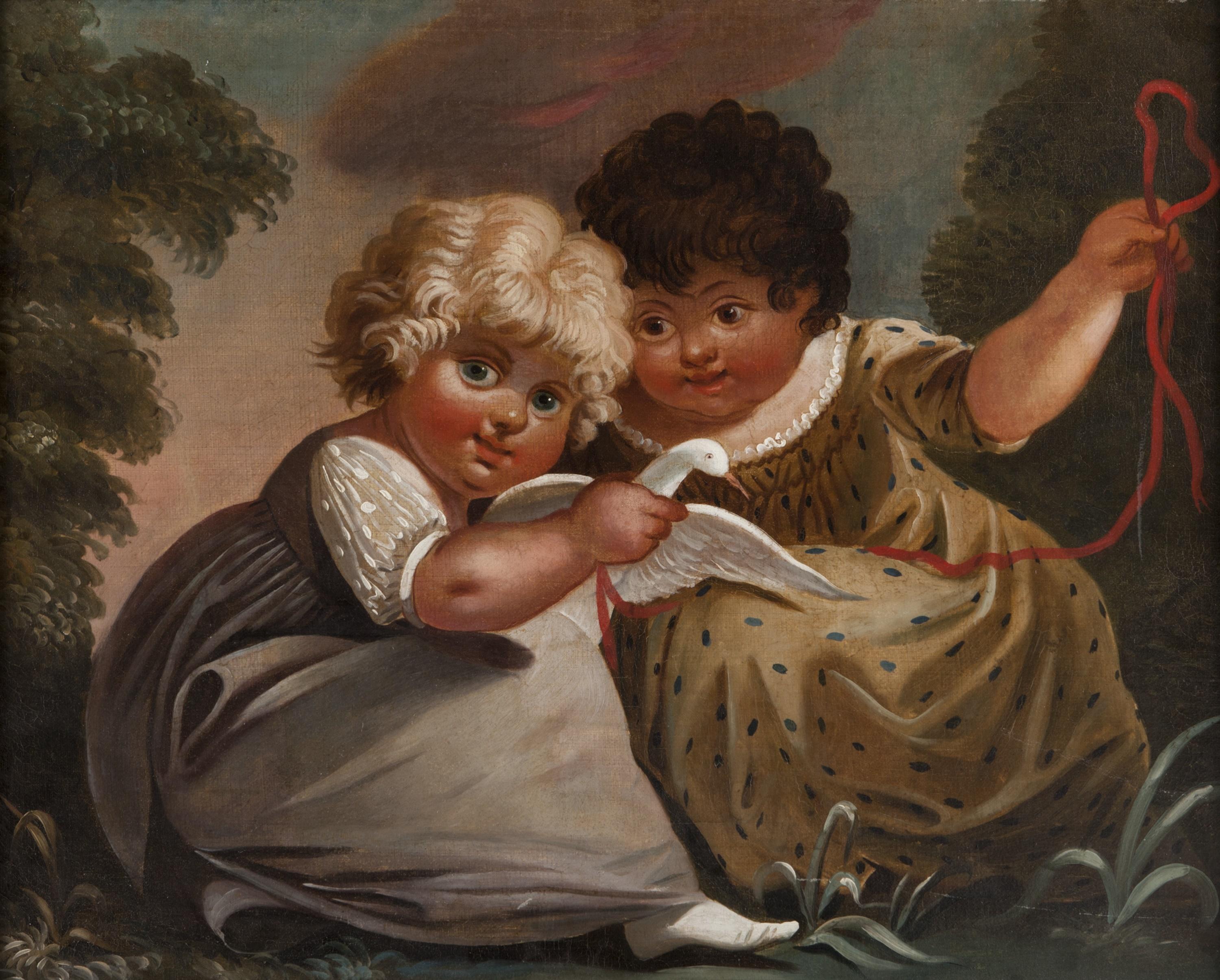 Coppia di dipinti - Due bambini che giocano - Figurative Painting Marrone di Michele Felice Corne