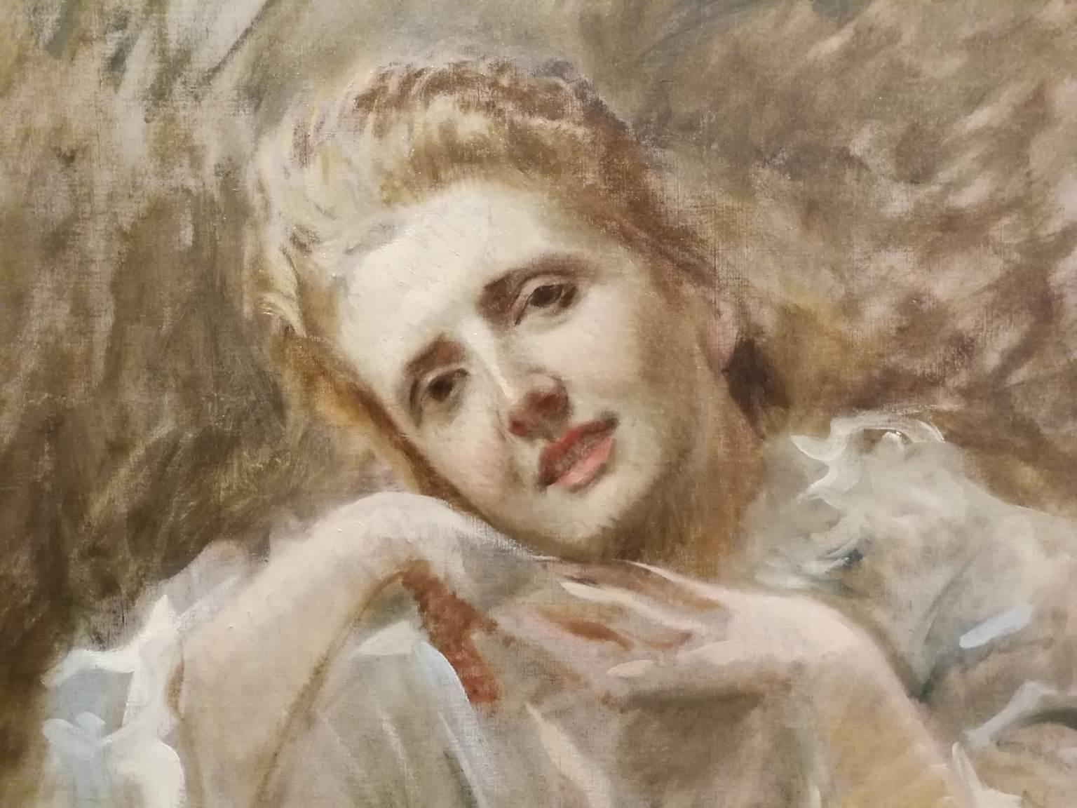 Dipinto figurativo impressionista fiorentino ritratto femminile del XIX secolo - Painting di Michele Gordigiani