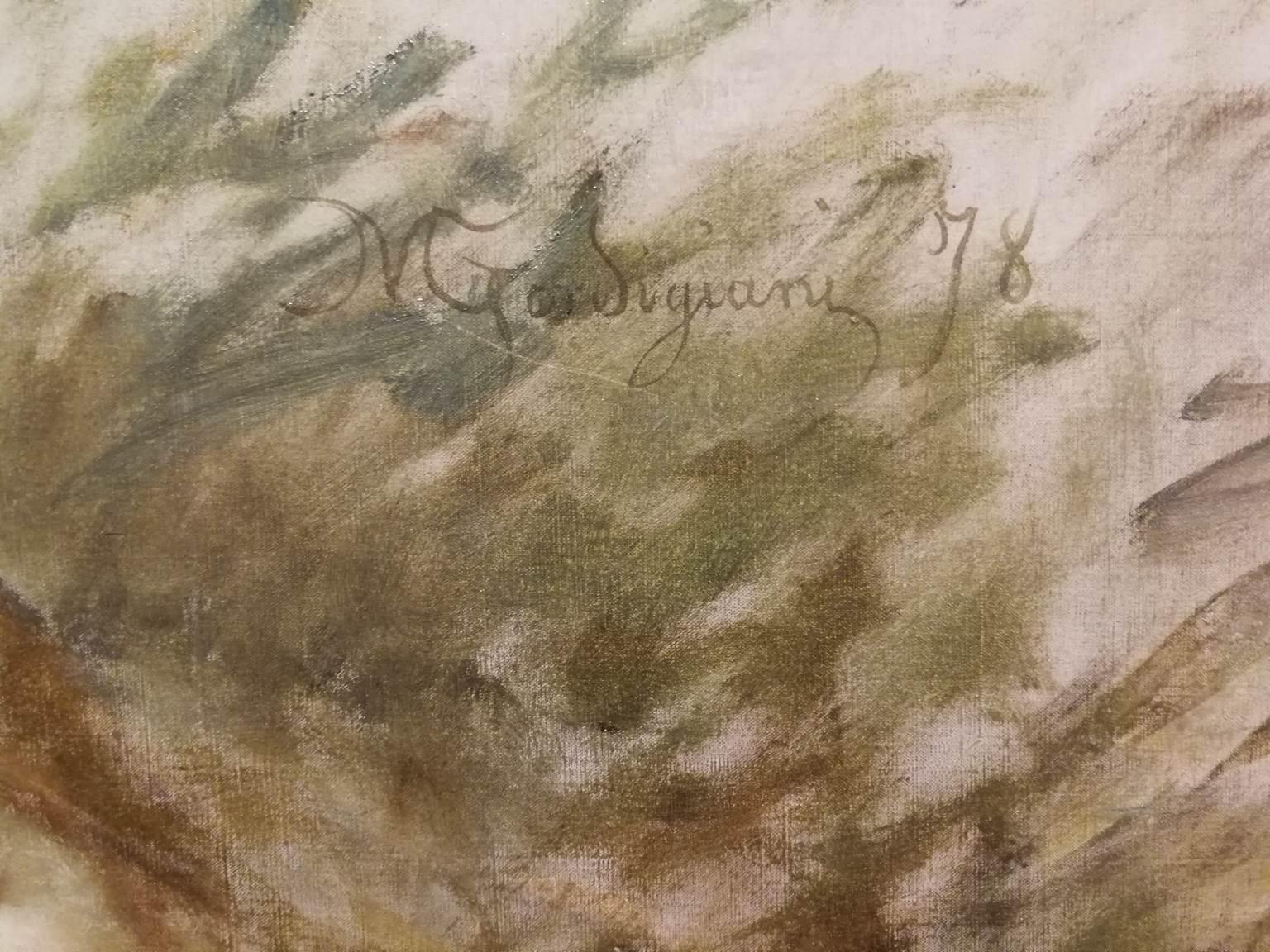 Il dipinto è firmato e datato in alto a destra MGordigiani 78 e le misure senza cornice sono 58 x 73 cm
Raffigura una fanciulla con lo sguardo incantato, la bocca socchiusa e la testa appoggiata sopra le mani giunte, in un atteggiamento sognante e
