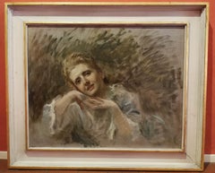 Dipinto figurativo impressionista fiorentino ritratto femminile del XIX secolo