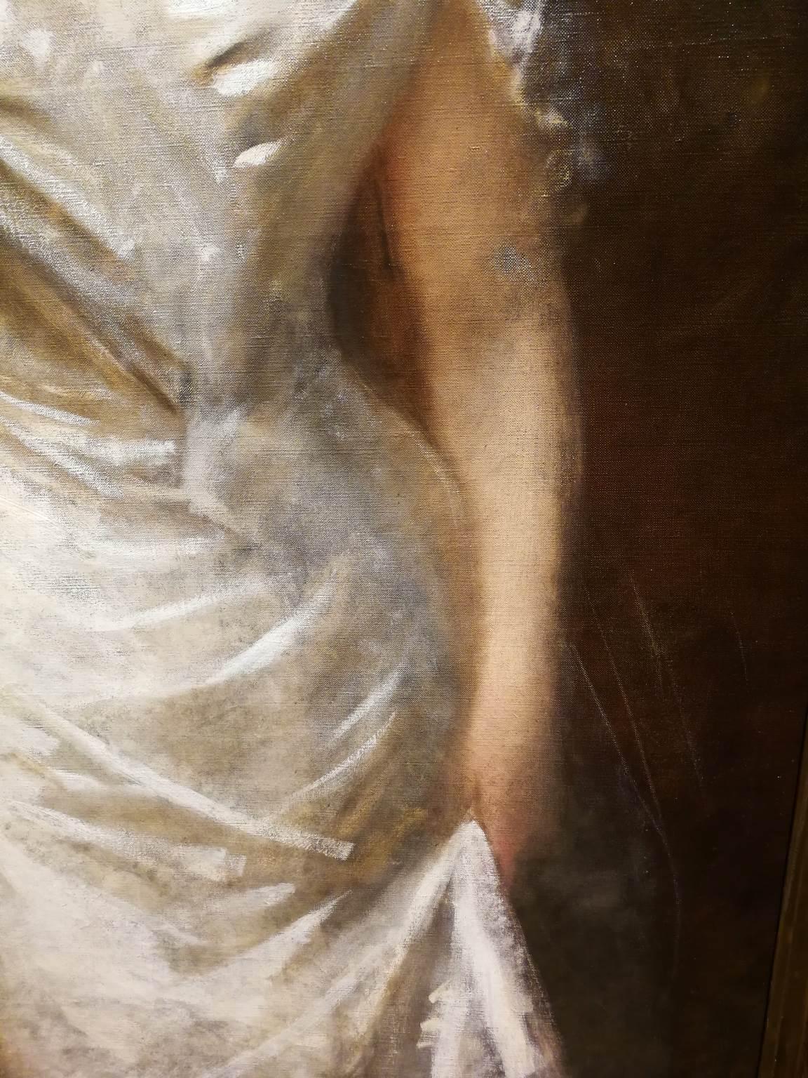 Dipinto Figurativo toscano ritratto femminile nobile belle époque del XIX secolo (Braun), Portrait Painting, von Michele Gordigiani