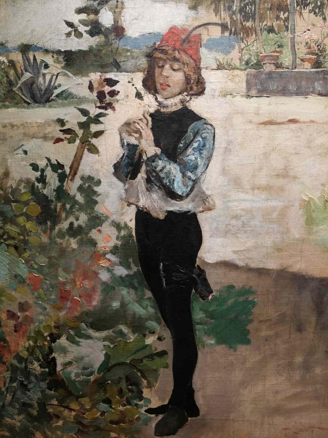 The scene is set in a luxuriant and blossoming garden-on which we can see a pergola vine training and an ionic column-outlined with fast and wide brush strokes of faint and pastel colours. In some parts of the background is revealed the preparatory