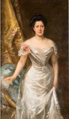 Antique Signed M Gordigiani Female Portrait Painting 1880s oil canvas