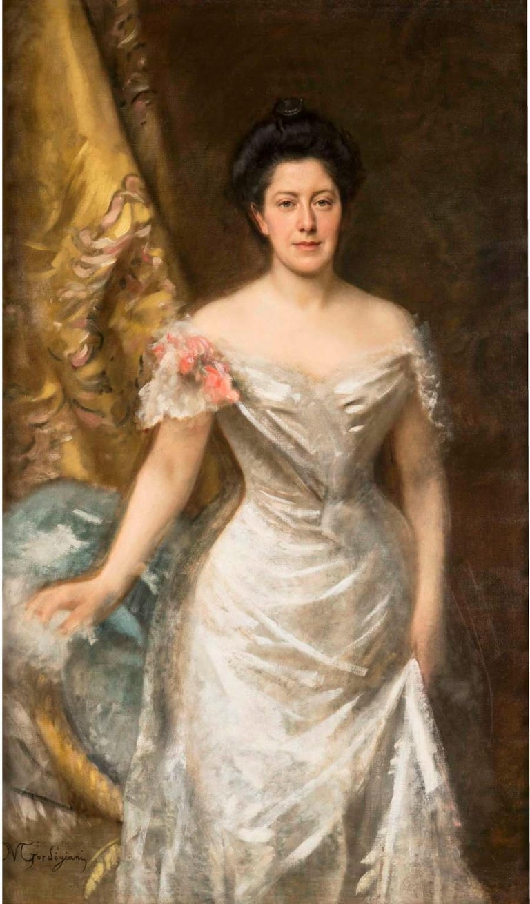 Michele Gordigiani Figurative Painting - Signed M Gordigiani Female Portrait Painting 1880s oil canvas