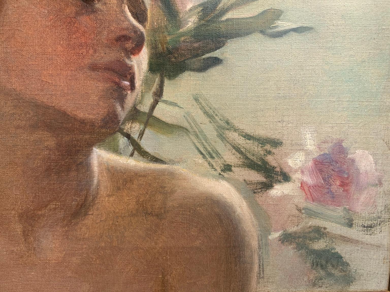 Ritratto fiorentino figurativo impressionista del XIX secolo firmato olio tela - Marron Portrait Painting par Michele Gordigiani