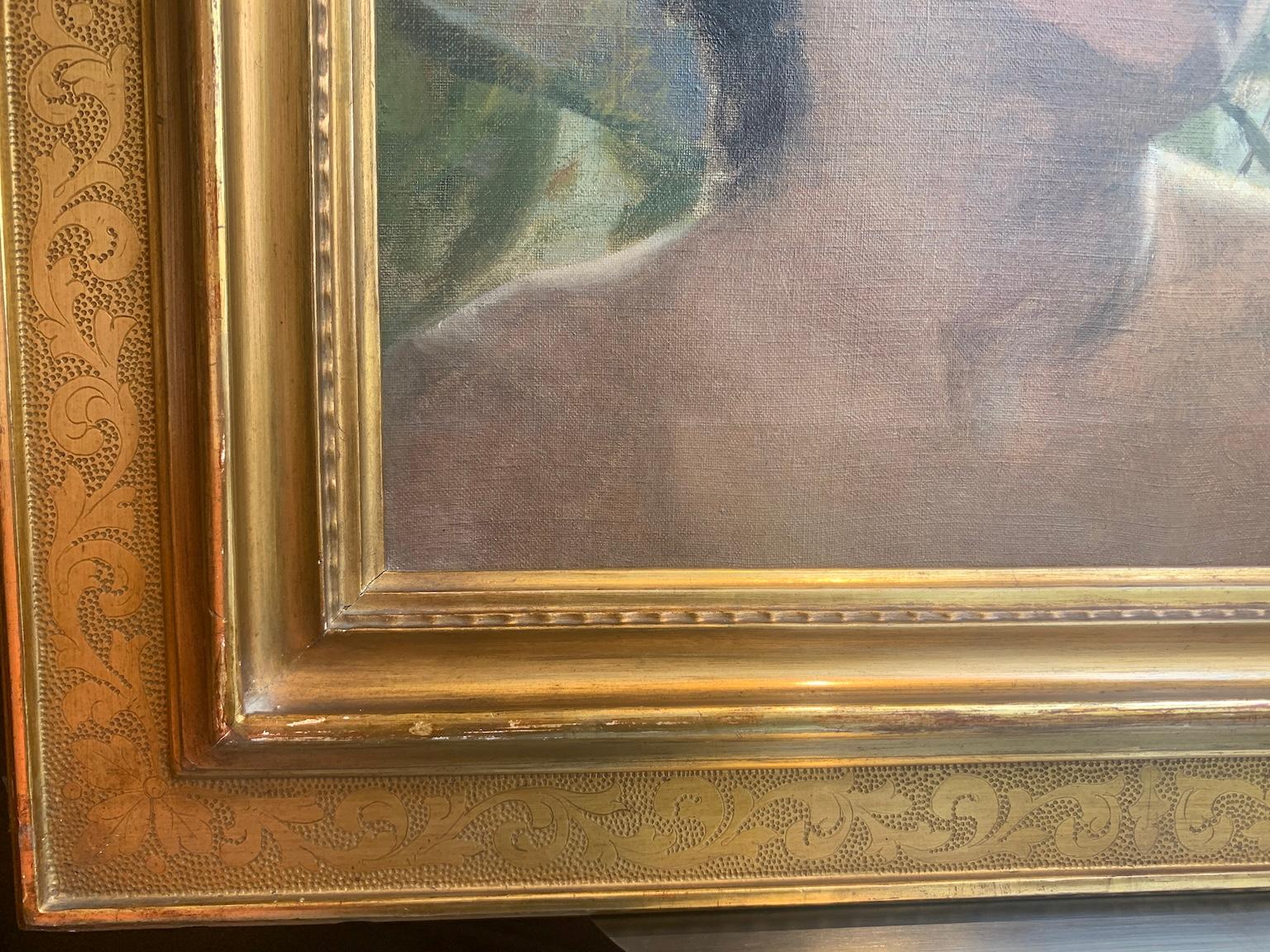 Ritratto di figura fanciullo dai tratti estremamente delicati rivolta a destra, con sguardo sognante, in un'ambientazione idilliaca da cui si nota il colore del cielo e la presenza di fiori, nello specifico rose, probabile studio per una