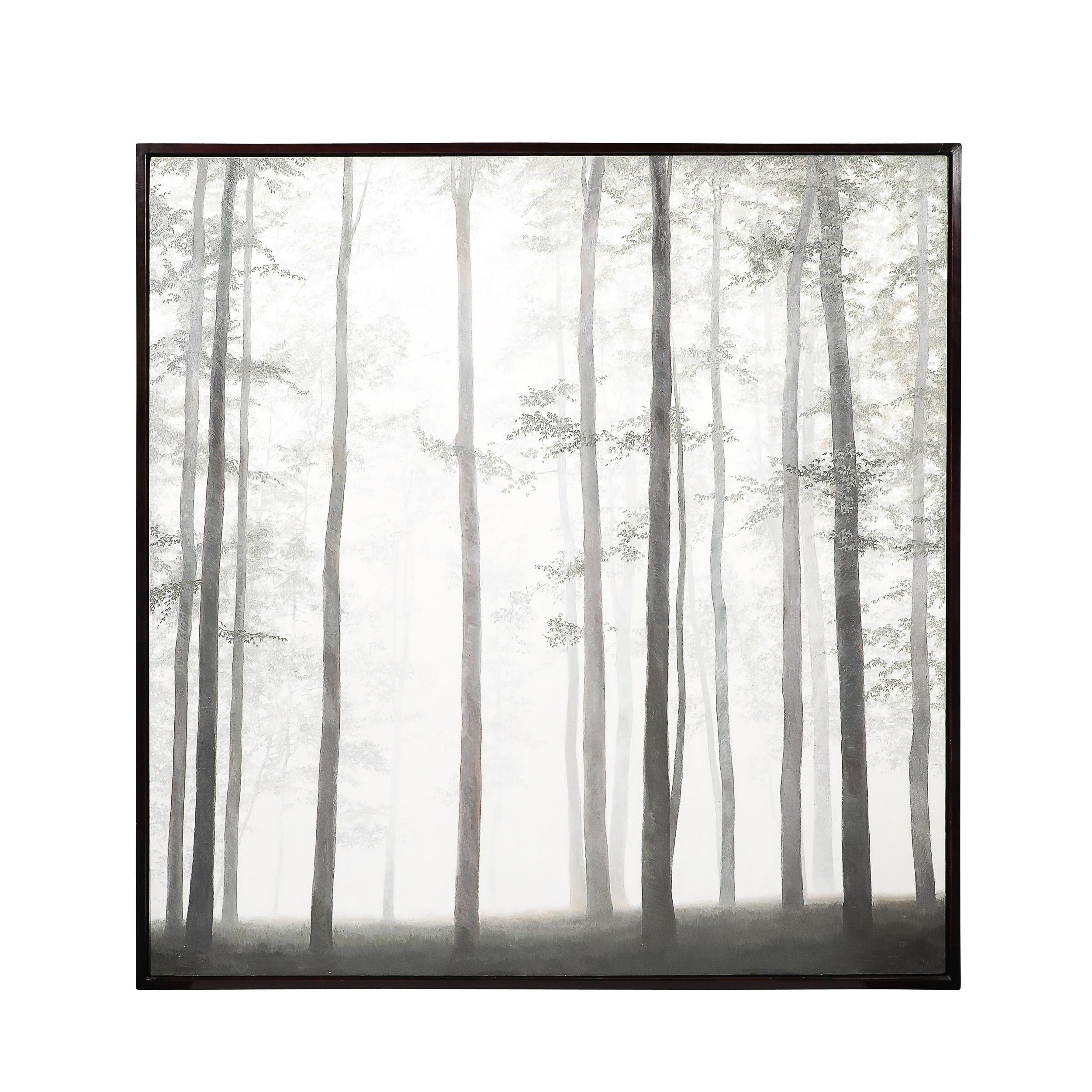 La peinture à l
huile sur toile de Michele Harvey, Dancers, réalisée en 2007, évoque une beauté sereine à travers la représentation d
arbres immergés dans un environnement brumeux. Le titre poétique attire l
attention sur l
harmonie presque musicale