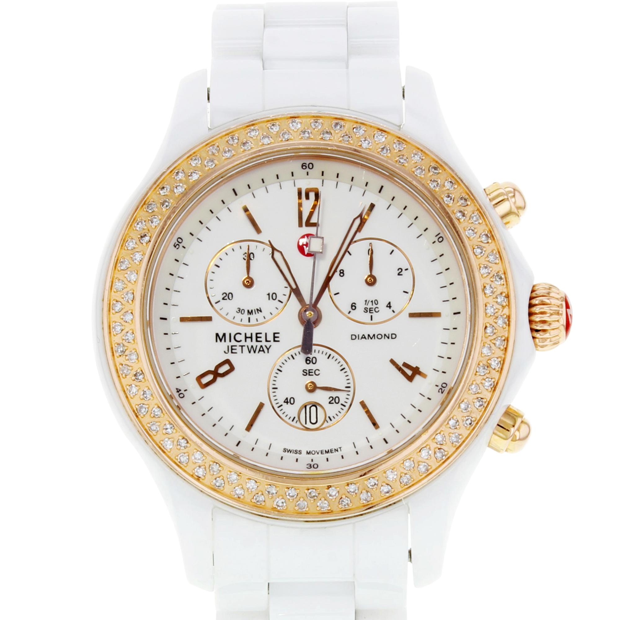 This pre-owned Michele Jetway MWW17B000008 is a beautiful Ladies timepiece that is powered by a quartz movement which is cased in a ceramic case. It has a round shape face, chronograph, date, diamonds, small seconds subdial dial and has hand sticks