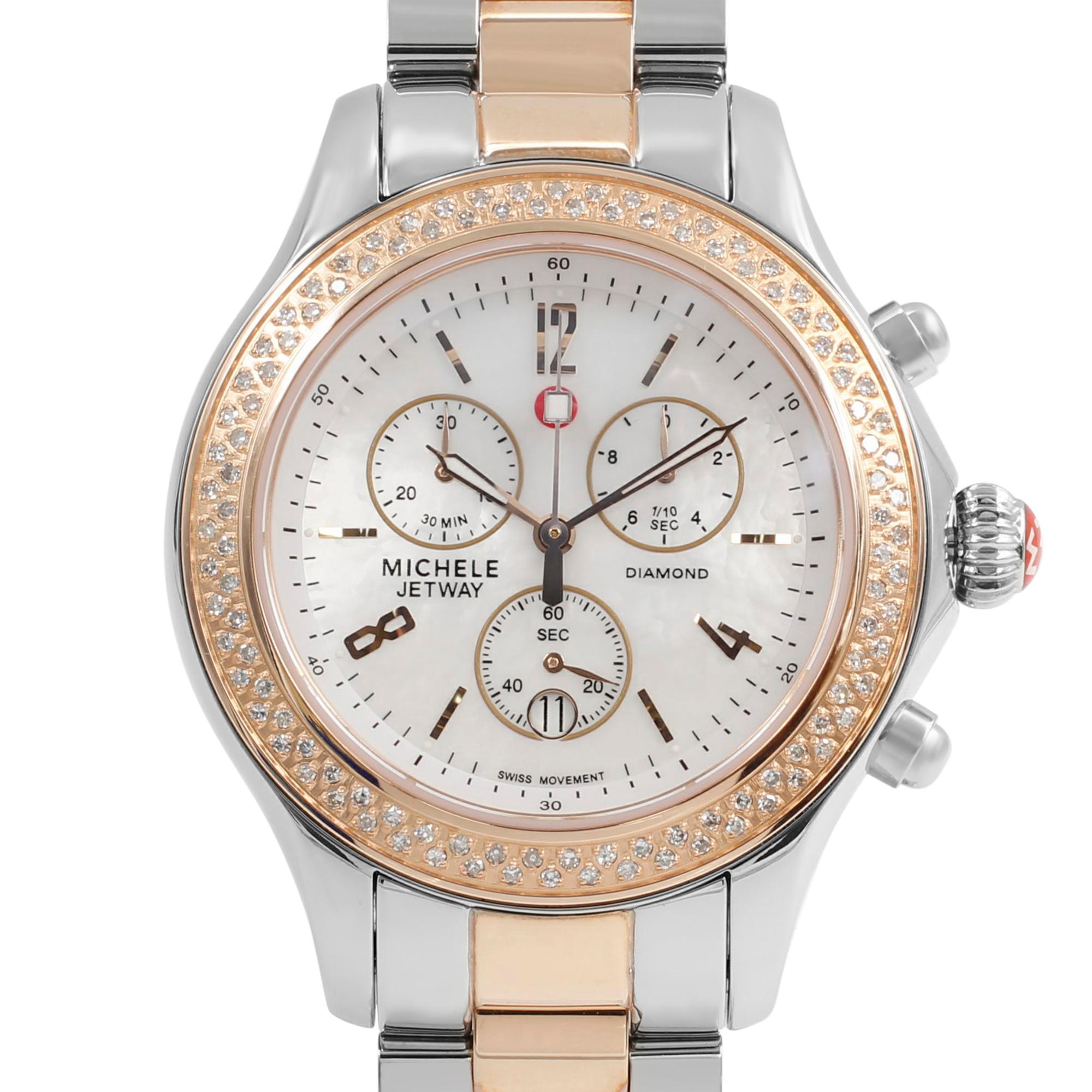 This display model Michele Jetway MWW17A000017 is a beautiful Ladies timepiece that is powered by a quartz movement which is cased in a stainless steel case. It has a round shape face, chronograph, date, small seconds subdial dial and has hand