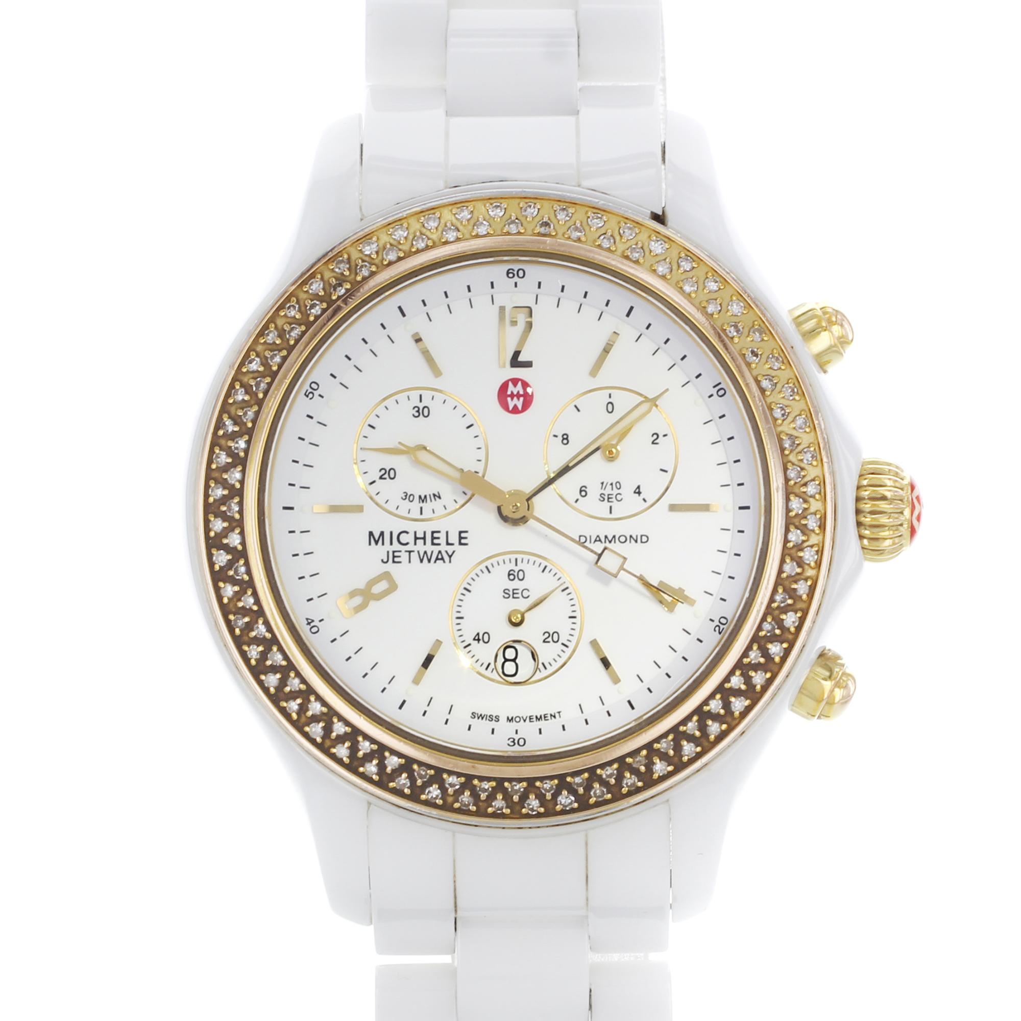This pre-owned Michele Jetway MWW17B000008  is a beautiful Ladies timepiece that is powered by a quartz movement which is cased in a ceramic case. It has a round shape face, chronograph, chronograph hand, date, diamonds, small seconds subdial dial