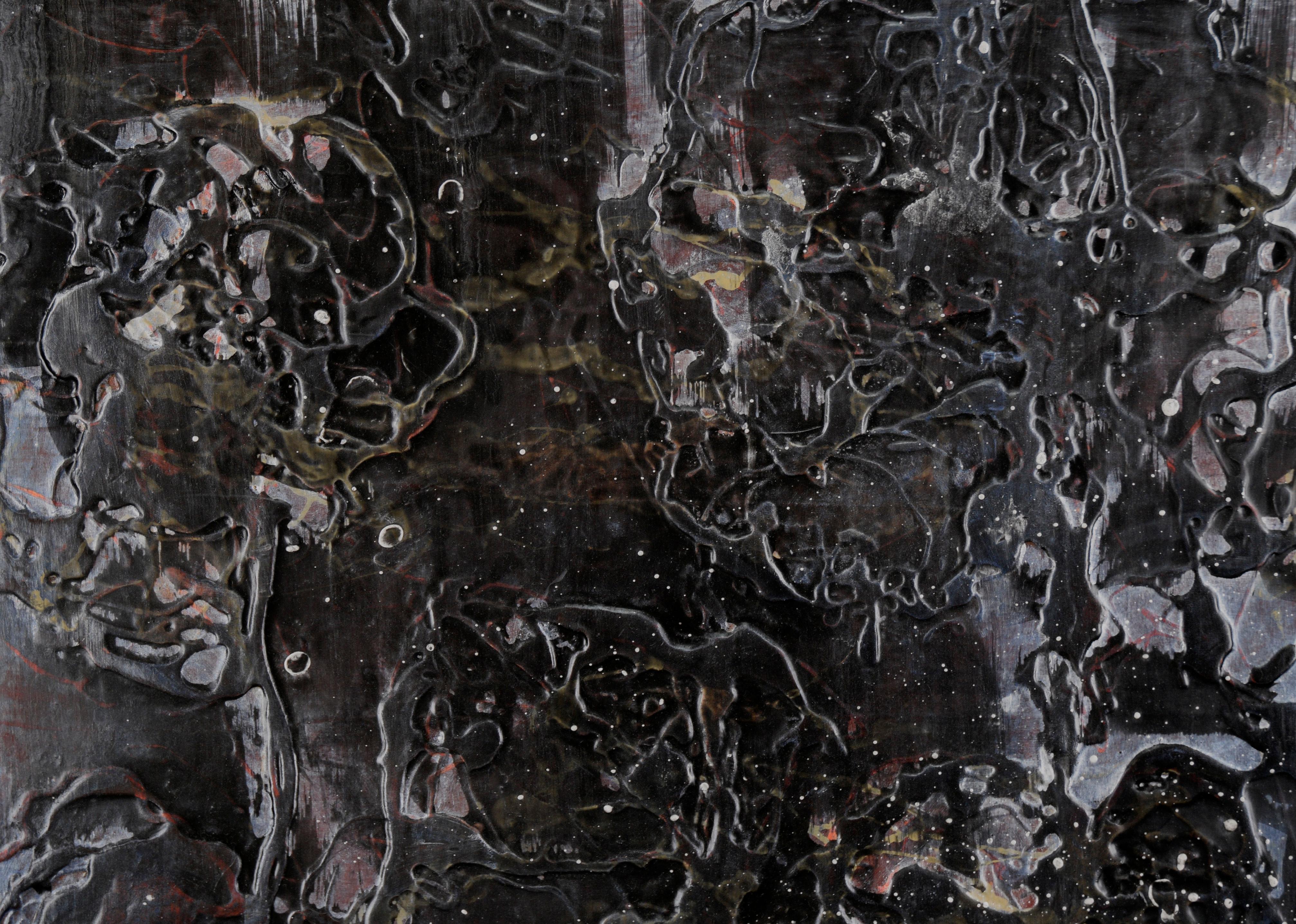 « Fantômes » - Composition abstraite à l'acrylique, à l'huile et à l'encre sur panneau de bois torsadé

Composition abstraite dramatique de Michele King (américaine, née en 1962). Cette pièce ressemble à une nébuleuse, avec une texture