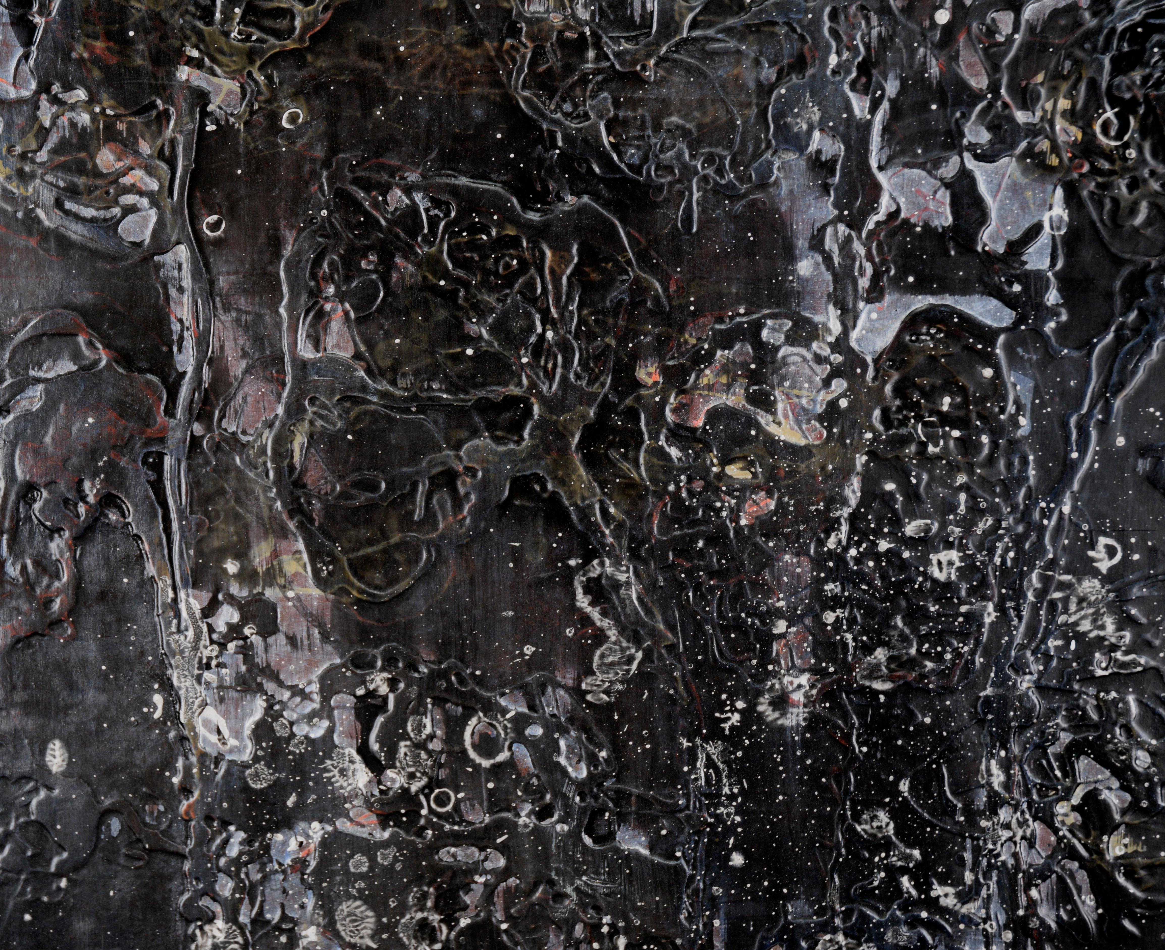 « Fantômes » - Composition abstraite à l'acrylique, à l'huile et à l'encre sur panneau de bois torsadé en vente 1