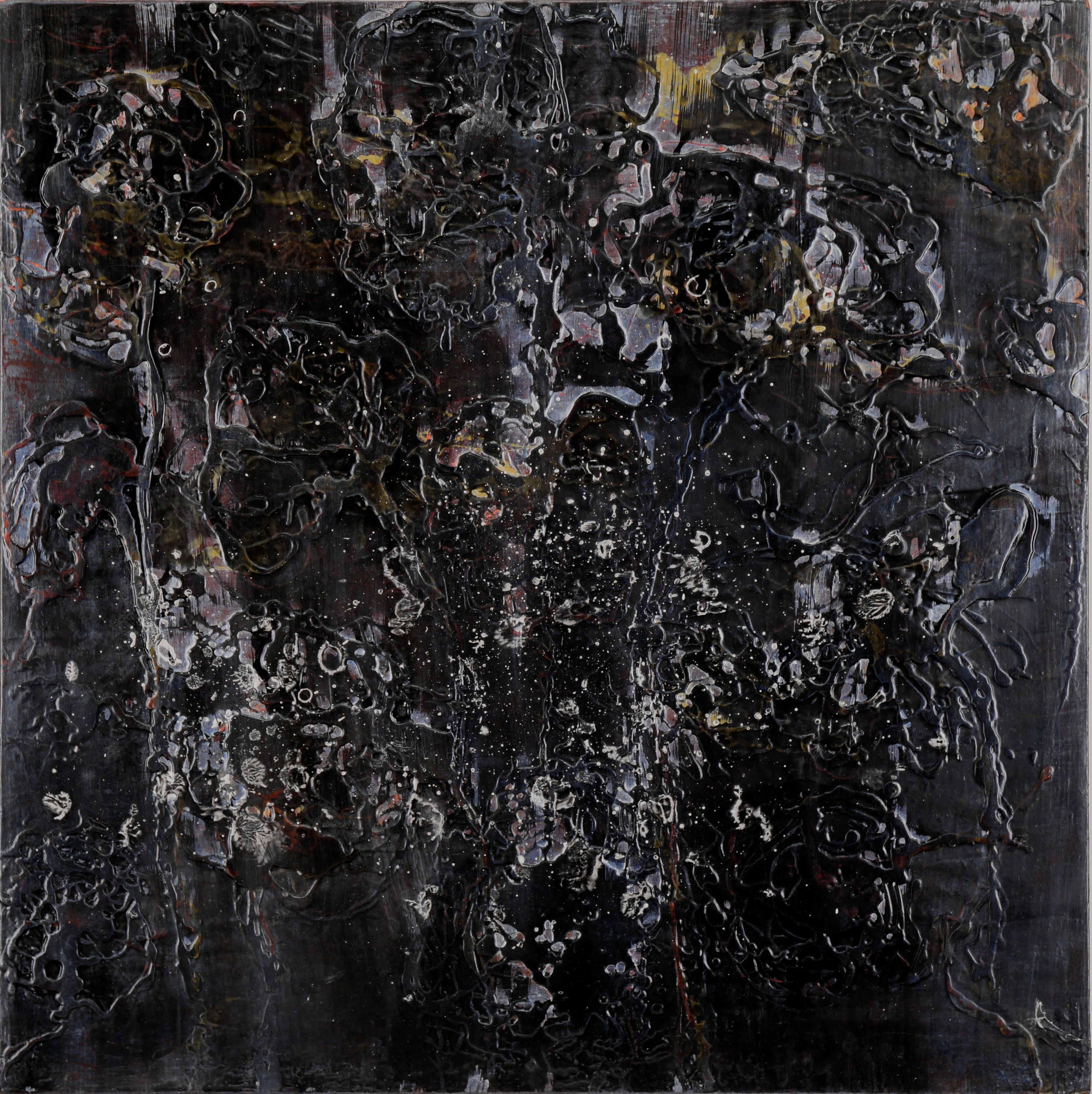 « Fantômes » - Composition abstraite à l'acrylique, à l'huile et à l'encre sur panneau de bois torsadé - Mixed Media Art de Michele King