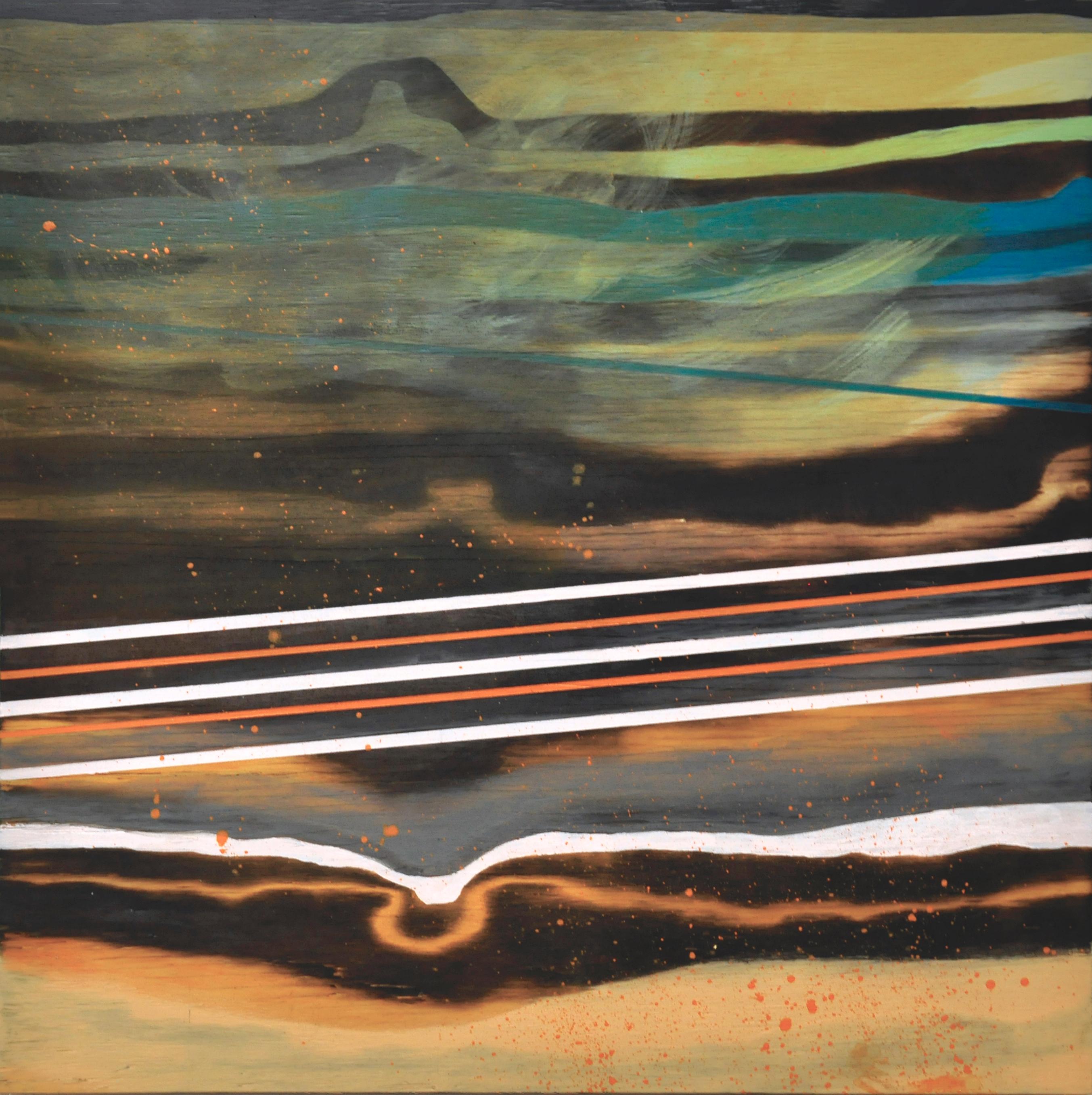Michele Kishita Landscape Painting - After the Fact: abstract Japanese inspired landscape w/ woodgrain, blue & orange