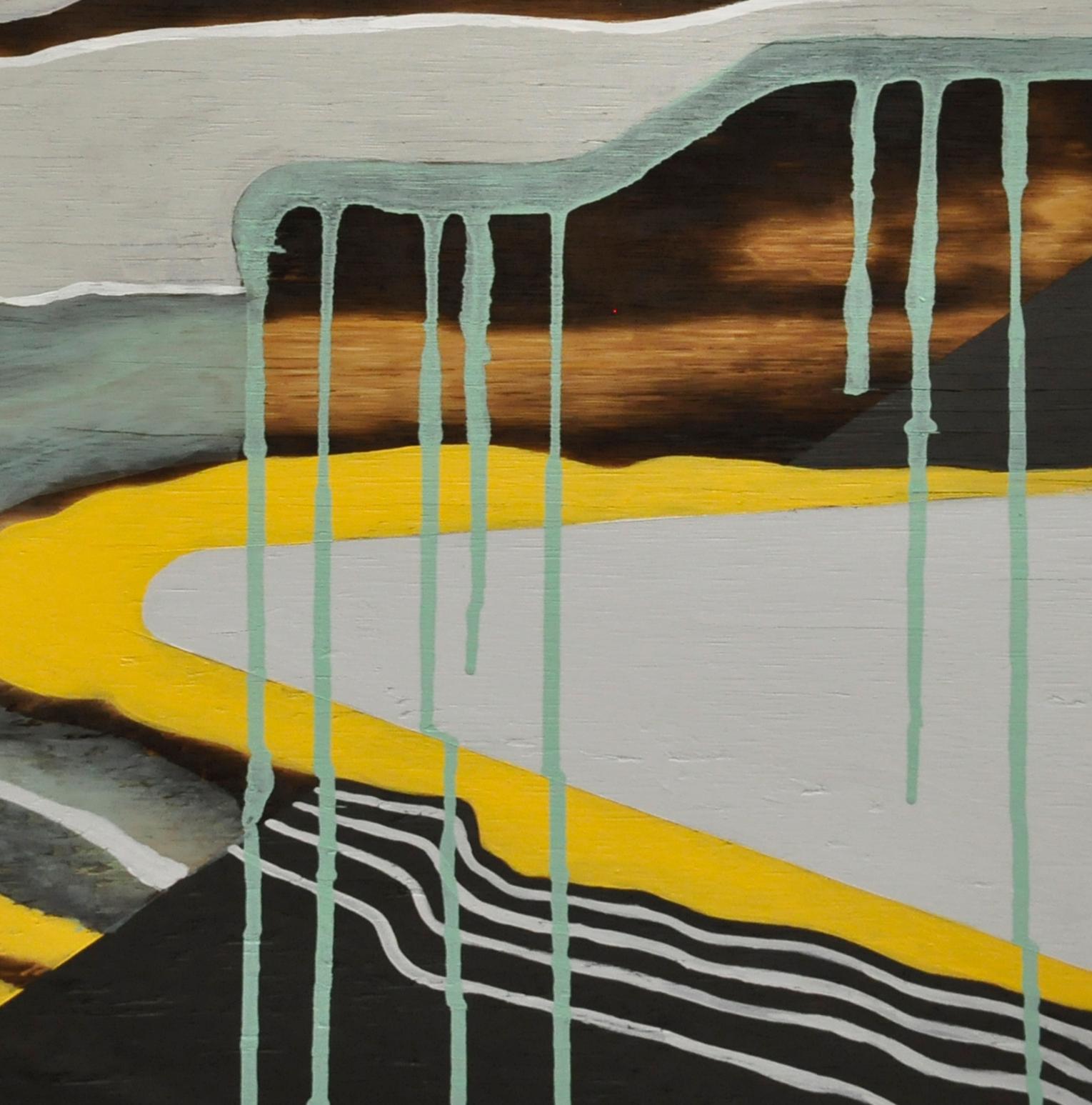 Bioluminescence -- abstract Japanese landscape w/ woodgrain; gray & yellow lines - Painting by Michele Kishita