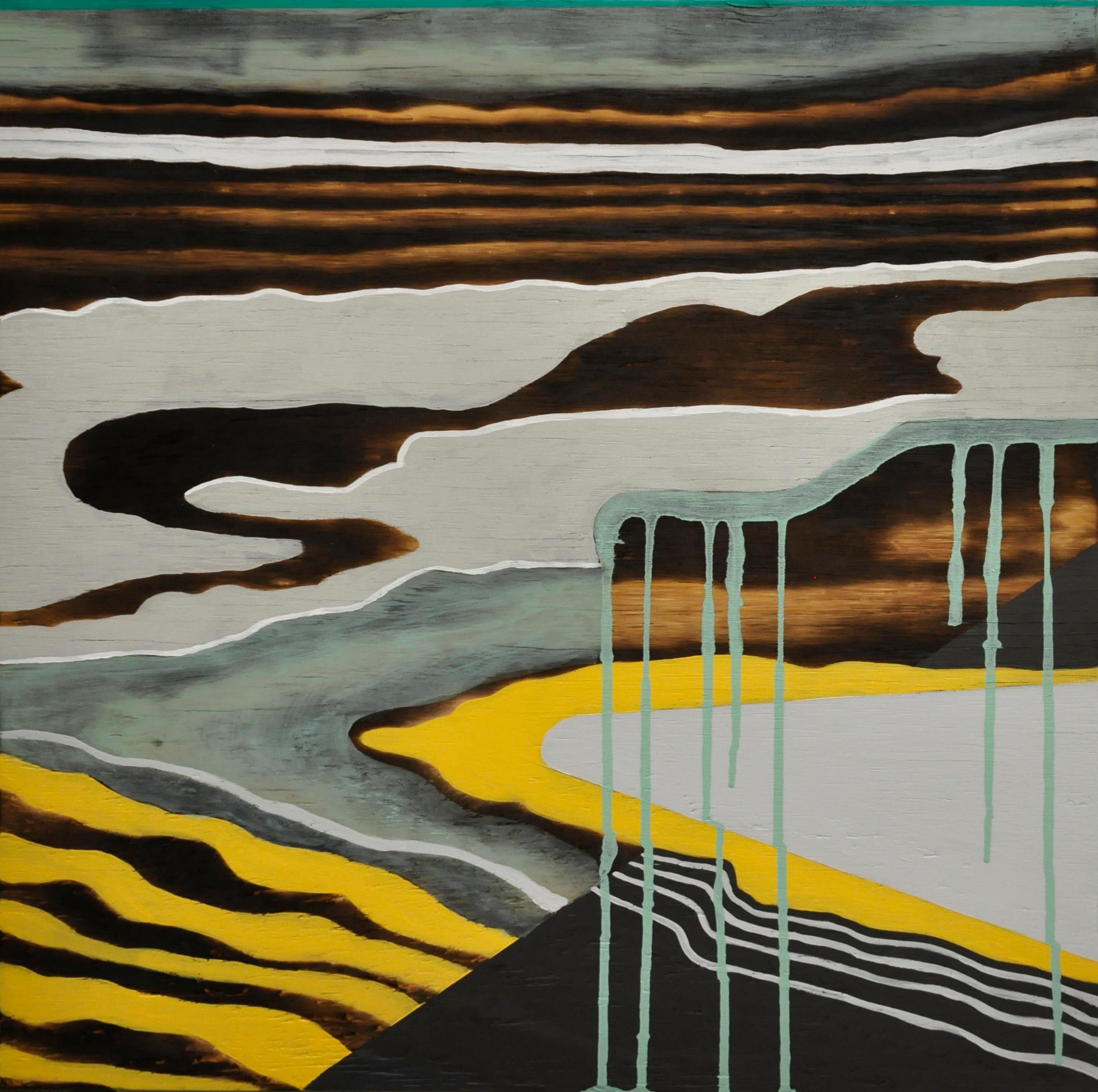 Michele Kishita Landscape Painting - Bioluminescence -- abstract Japanese landscape w/ woodgrain; gray & yellow lines