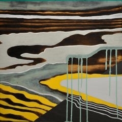 Bioluminescence -- abstract landscape painting w/ woodgrain; gray & yellow lines