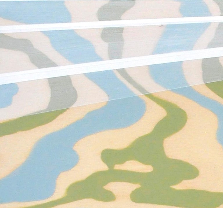 Edging toward Spring: abstract geometric landscape painting w/ gold blue & green - Painting by Michele Kishita
