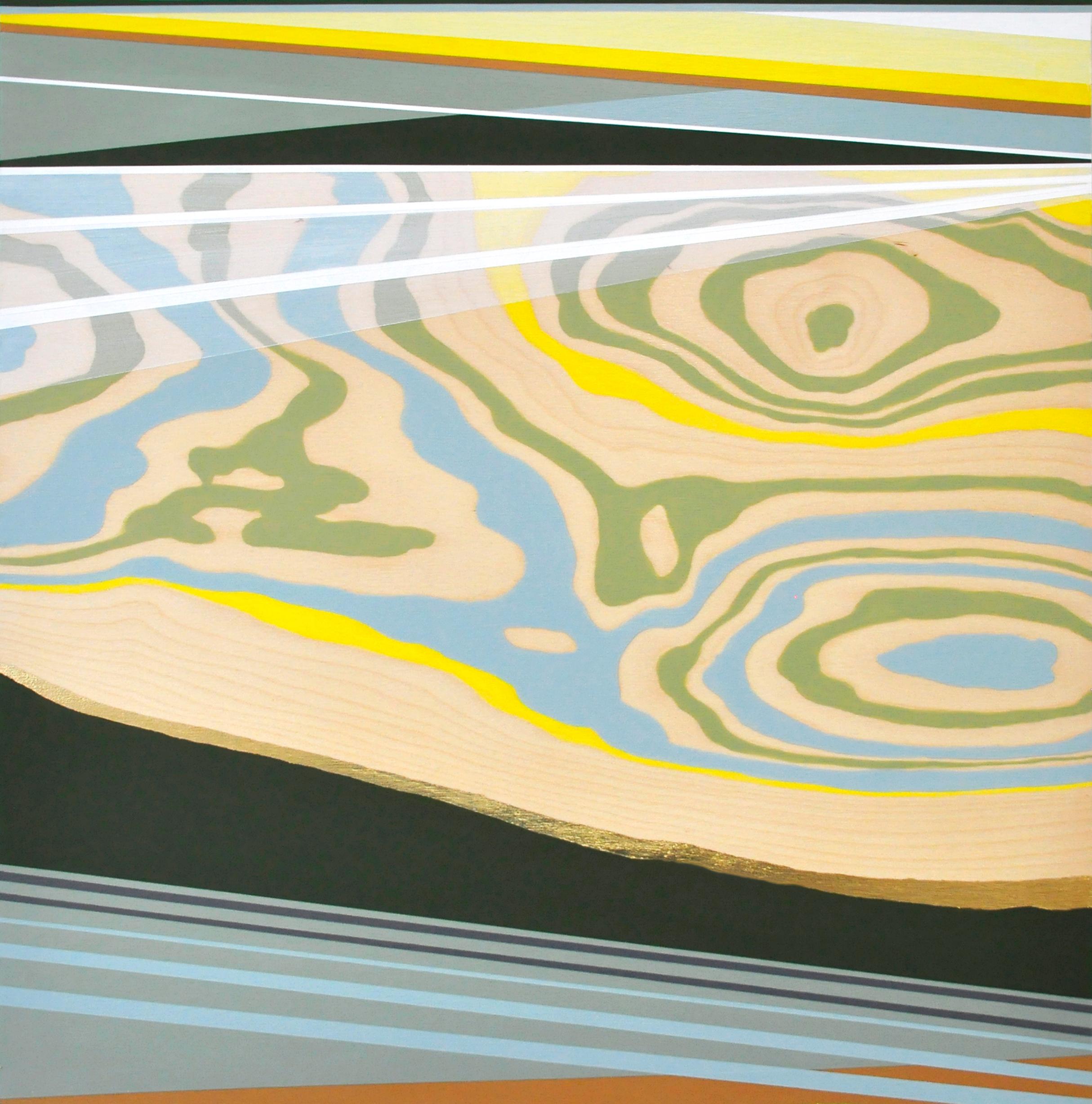 Michele Kishita Abstract Painting - Edging toward Spring: abstract Japanese inspired landscape w/ gold, blue & green