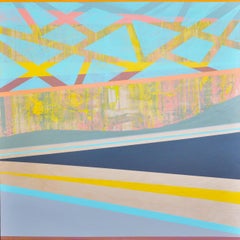 "Long Journey Home" Painting, landscape, Peach, blue, navy, wood, yellow, pink
