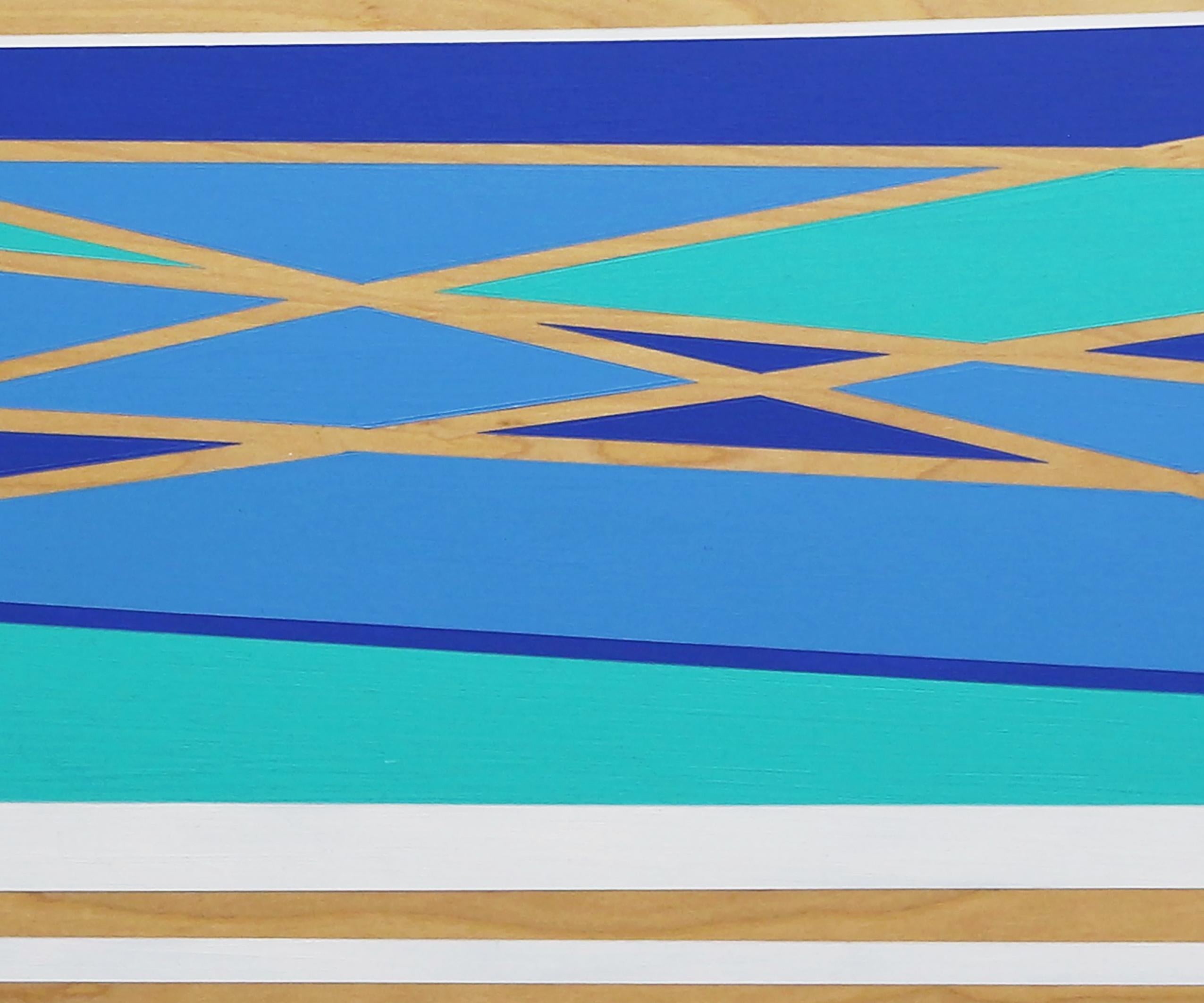 Midsummer, High Tide: abstract geometric landscape painting w/ woodgrain, blue - Painting by Michele Kishita