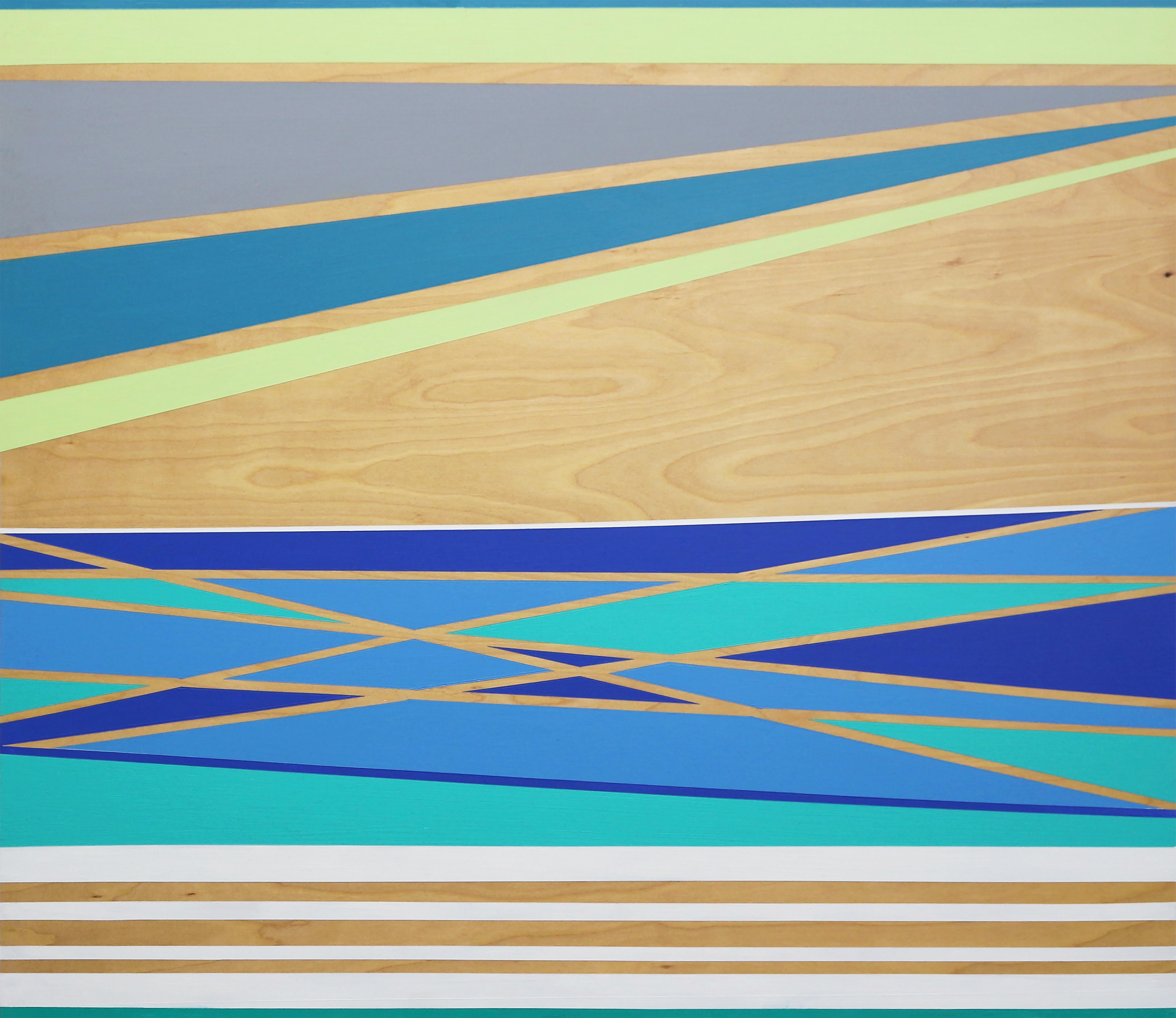 Michele Kishita Landscape Painting - Midsummer, High Tide: abstract geometric landscape painting w/ woodgrain, blue