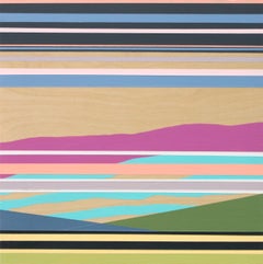 ""The Valley Below"" - Abstraktes Gemälde in Mischtechnik, Landschaft, rosa, blau